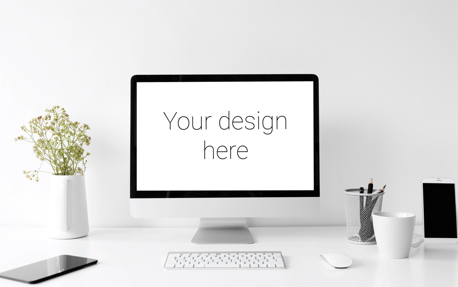 Mockup of white screen on table. White keyboard and mouse on white table psd