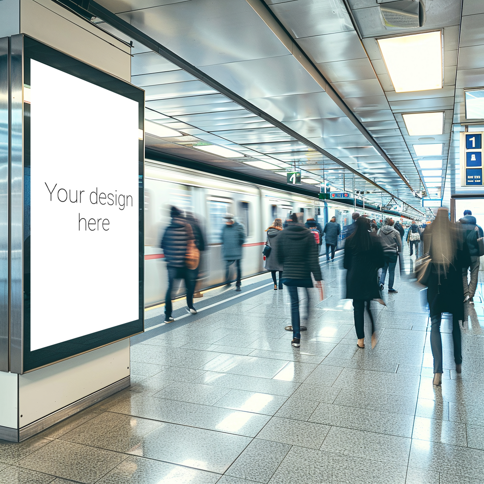 Mockup for subway or railway station advertising banner or billboard. Busy city. Many people psd