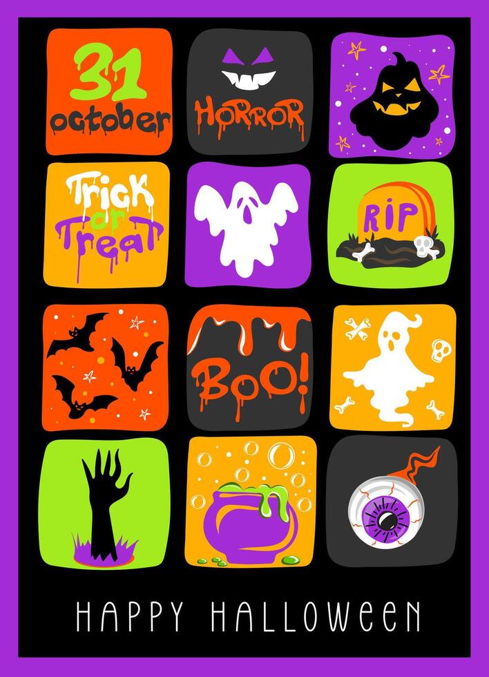 Halloween poster with pumpkins, ghosts, bats and spiders. Hand drawn colorful doodle collage, great for Halloween banners, posters, card and invitation. vector