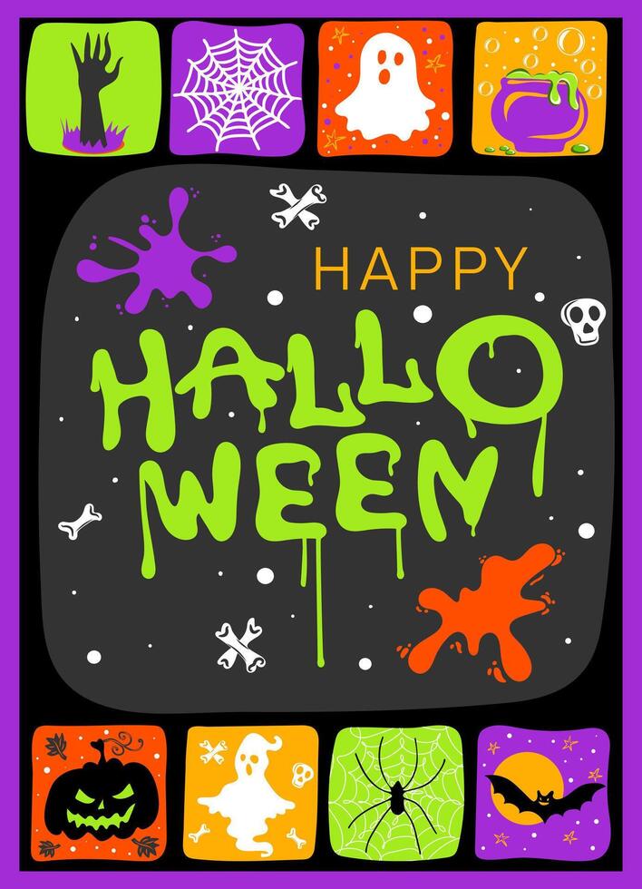 Halloween poster with pumpkins, ghosts, bats and spiders. Hand drawn colorful doodle collage, great for Halloween banners, posters, card and invitation. vector