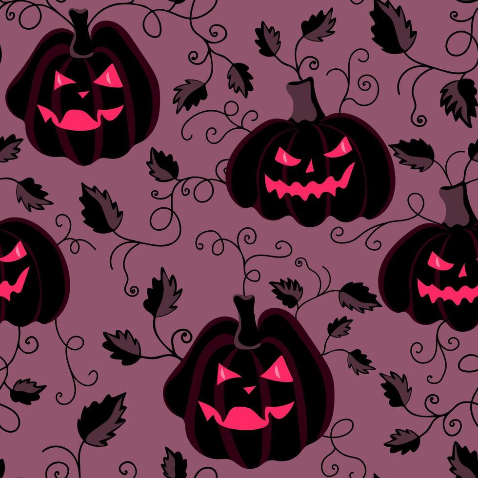 Glowing pumpkin faces seamless pattern. Halloween print. Great for textile, fabric, wallpaper, wrapping, scrapbook and packaging vector