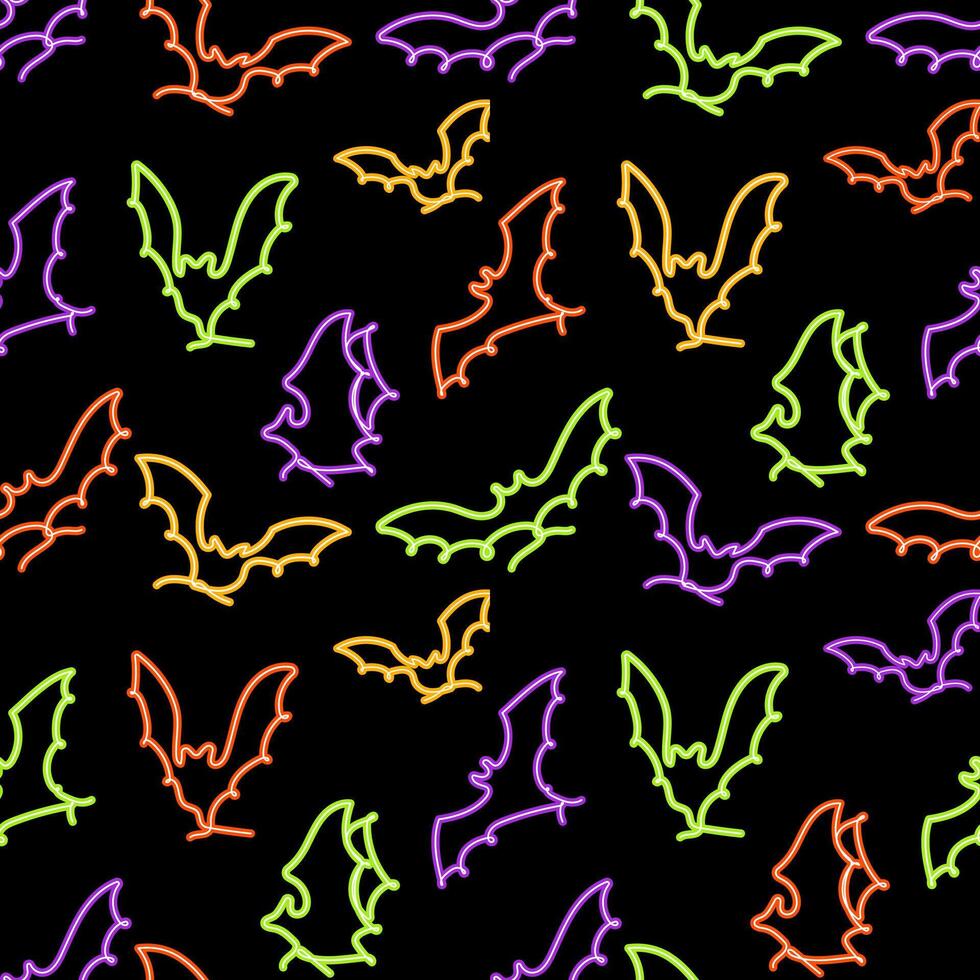 Glowing neon flying bats seamless pattern. Modern halloween print. Great for textile, fabric, wallpaper, wrapping, scrapbook and packaging vector