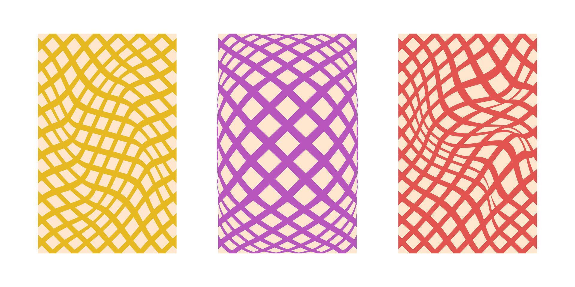 Background set Groovy hippie 70s. Grid line, swirl, twirl pattern. Grid Twisted and distorted background texture, trendy retro psychedelic style. Y2k aesthetic background. vector