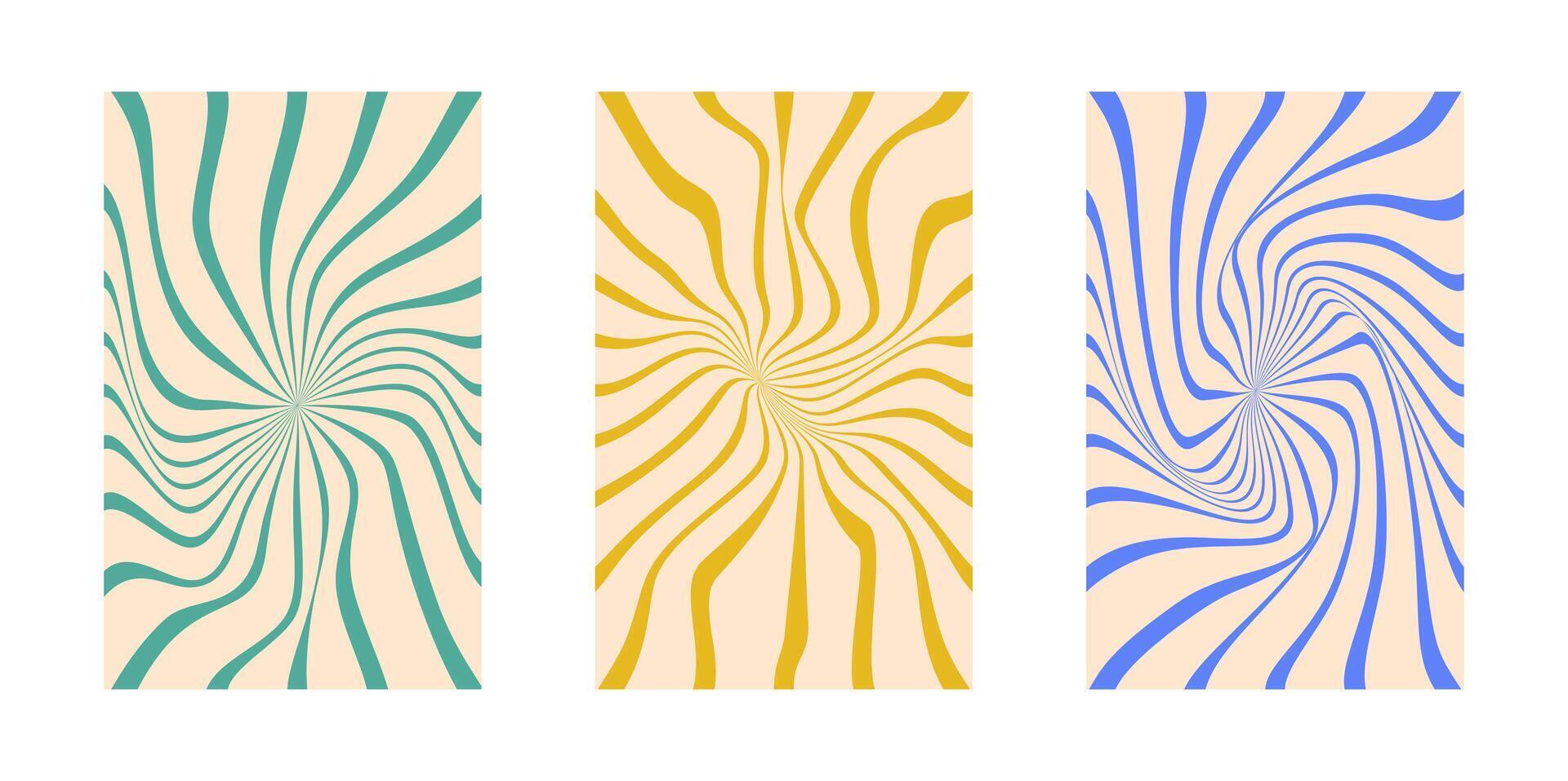 Background set Groovy hippie 70s. Line, swirl, twirl pattern. Twisted and distorted background texture, trendy retro psychedelic style. Y2k aesthetic background. vector