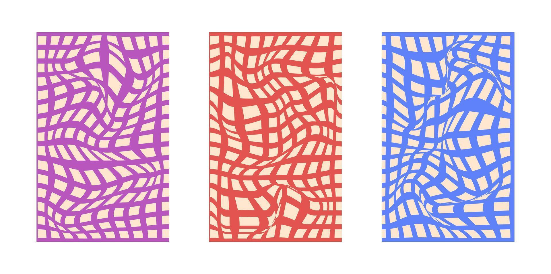 Background set Groovy hippie 70s. Grid line, swirl, twirl pattern. Grid Twisted and distorted background texture, trendy retro psychedelic style. Y2k aesthetic background. vector