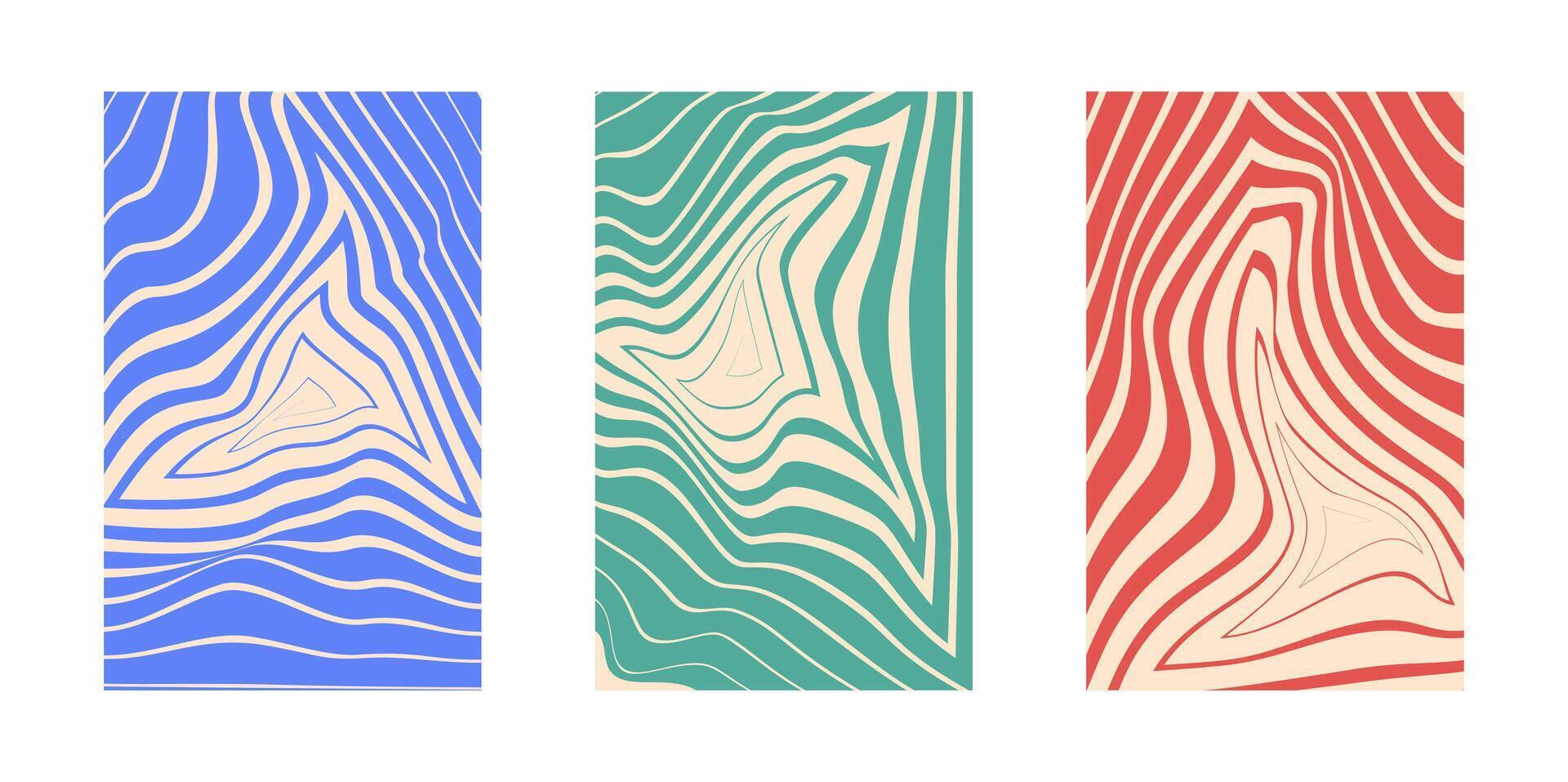 Background set Groovy hippie. Triangle swirl and twirl pattern. Triangle Twisted and distorted background texture, trendy retro psychedelic style vector