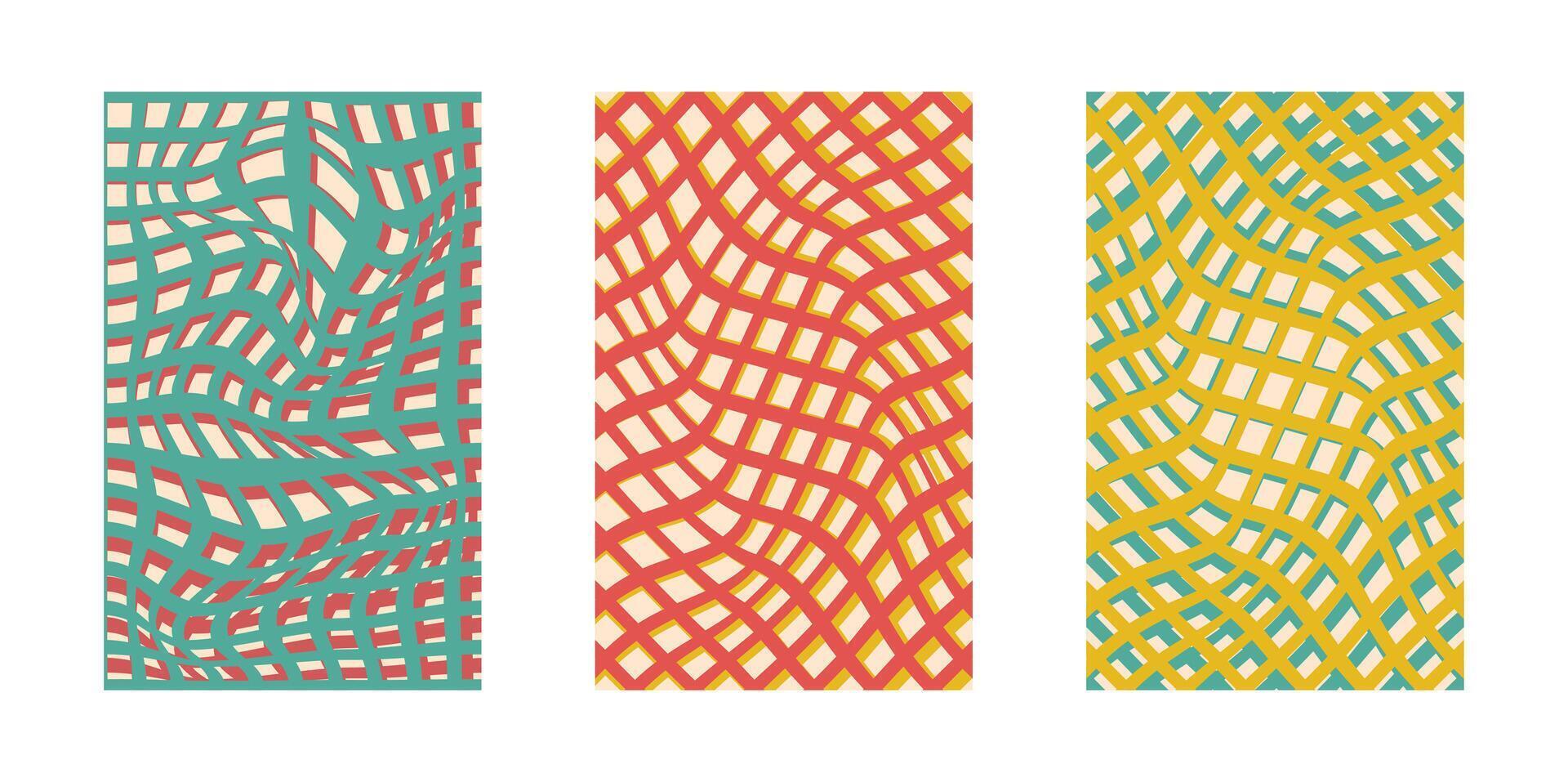 Background set Groovy hippie 70s. Grid line, swirl, twirl pattern. Grid Twisted and distorted background texture, trendy retro psychedelic style. Y2k aesthetic background. vector