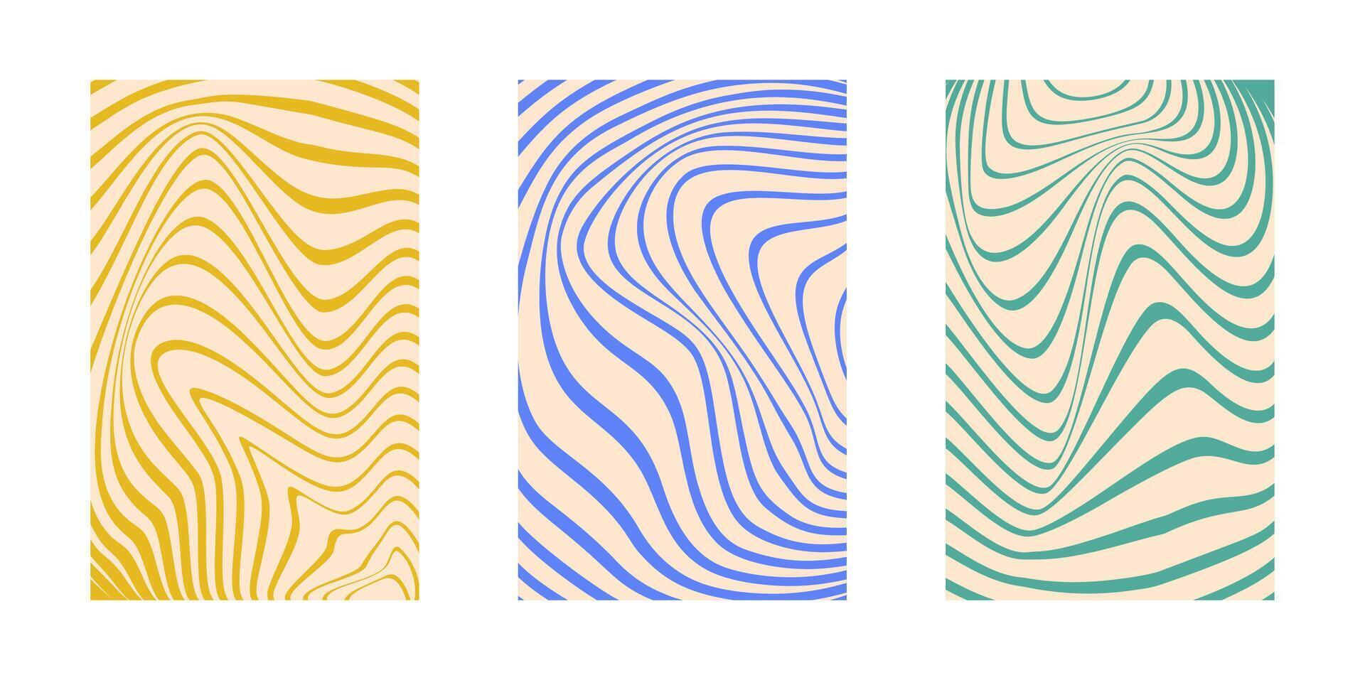 Background set Groovy hippie 70s. Line, twirl pattern. Twisted and distorted background texture, trendy retro psychedelic style. Y2k aesthetic background. vector