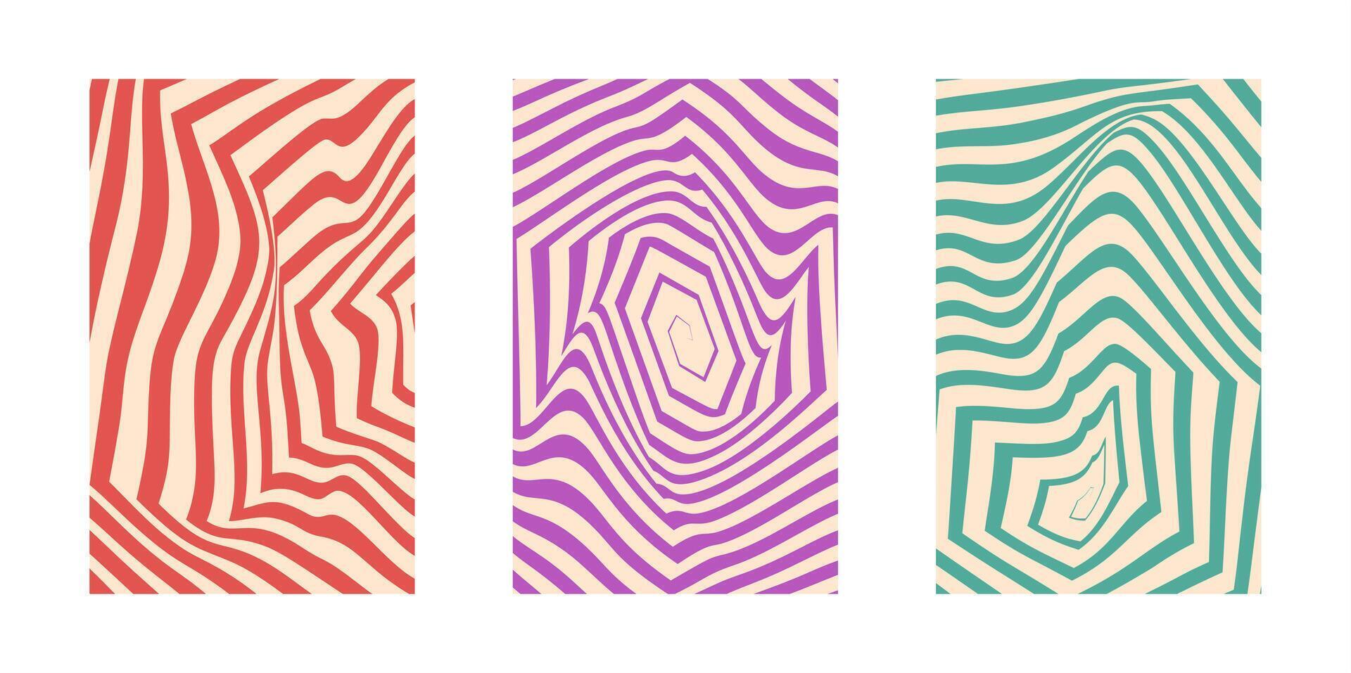 Background set Groovy hippie 70s. Hexagon, swirl, twirl pattern. Twisted and distorted background texture, trendy retro psychedelic style. Y2k aesthetic background. vector