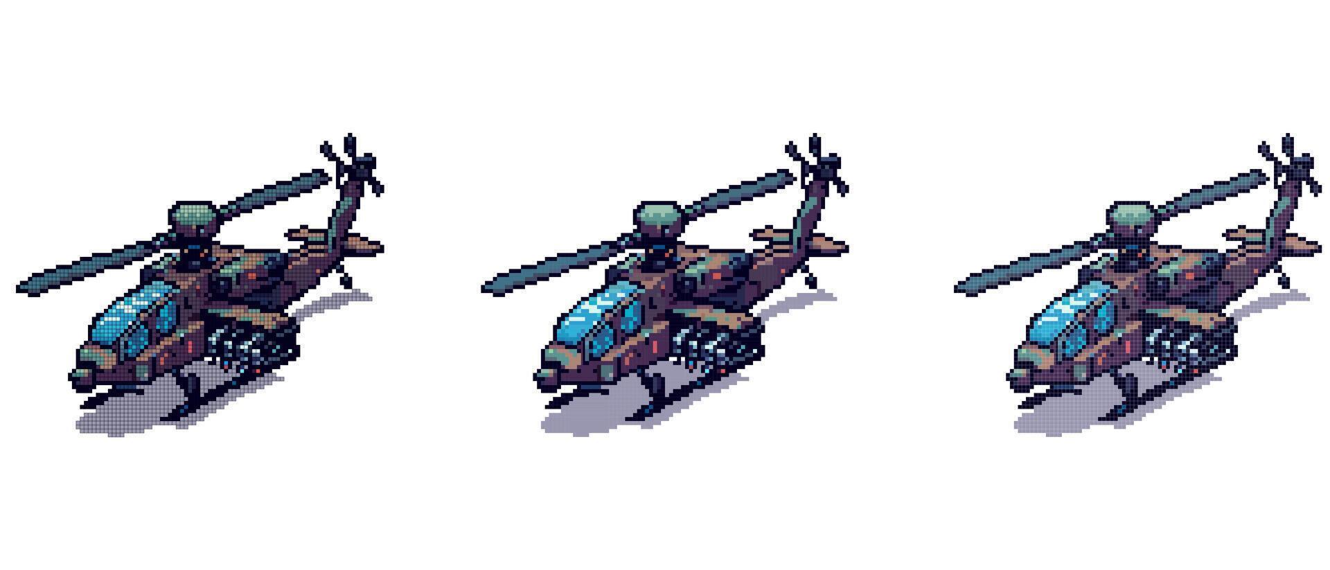 Pixel art military helicopter vibrant colors intricate details camouflage tactical mission hovering clear sky vector