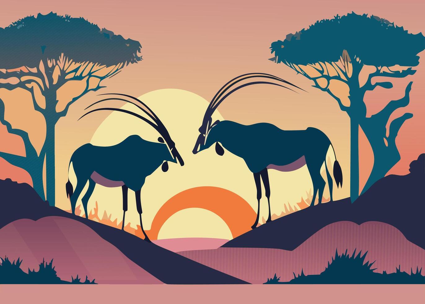 Oryx in the savanna at sunset. Deer with horns in jungle illustration. vector