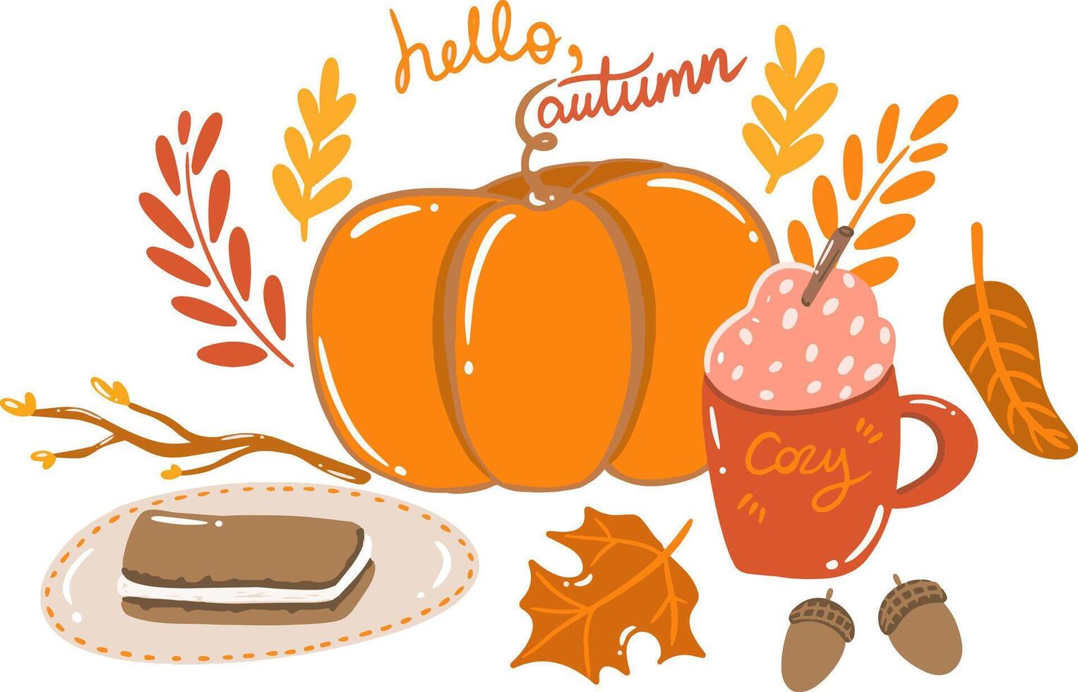 Autumn illustration with pumpkin and beverage and orange leaves vector