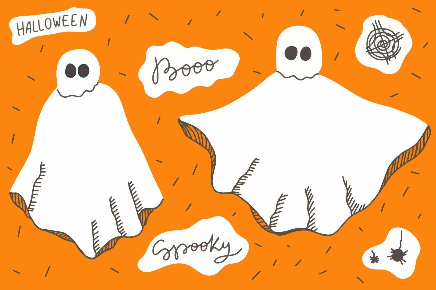 set of stickers with a ghost on an orange bg, Halloween set of icons, lettering vector