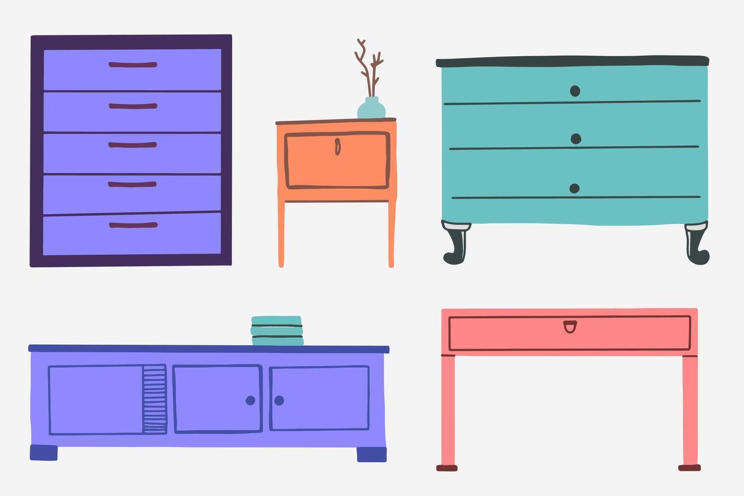 set of bright colored chests of drawers, pieces of furniture on a white bg vector