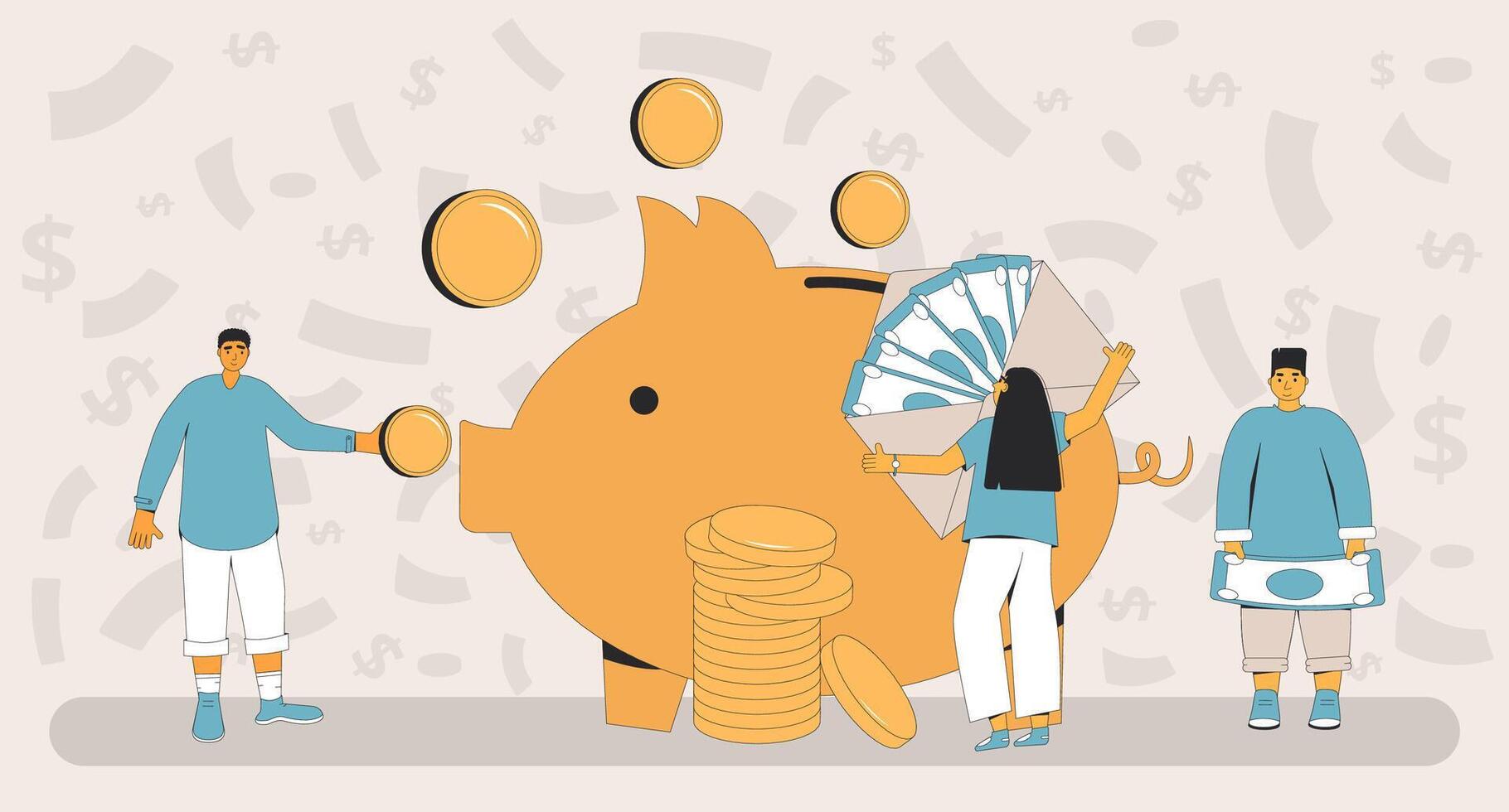 Save money. People standing around piggybank with coins and banknotes. Moneybox. Family budget. vector