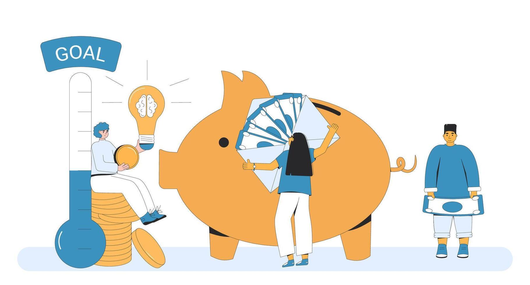 Fundraising concept. Founder pitching about business idea. People with thermometer and piggy bank. vector