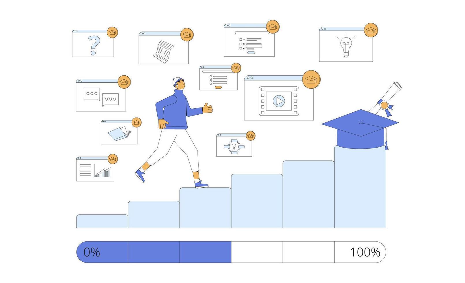 Student running up ladder for diploma. Gamification in learning. vector