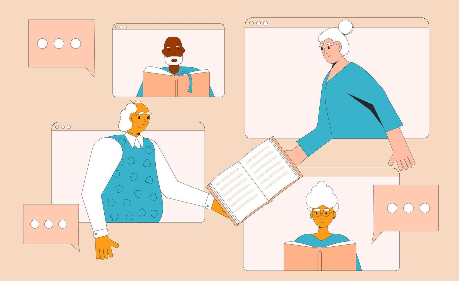 Senior book club online. Elderly people reading together and communication remote. Retirement community helps for lifestyle dealing with loneliness and boredom. illustration vector