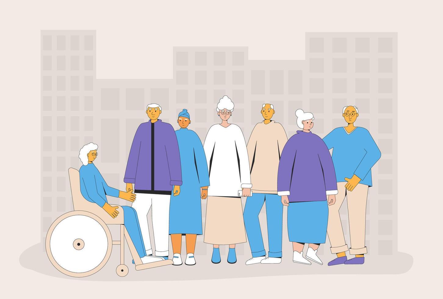 International senior citizens day. Elderly friends. Group of older adult people standing together. vector