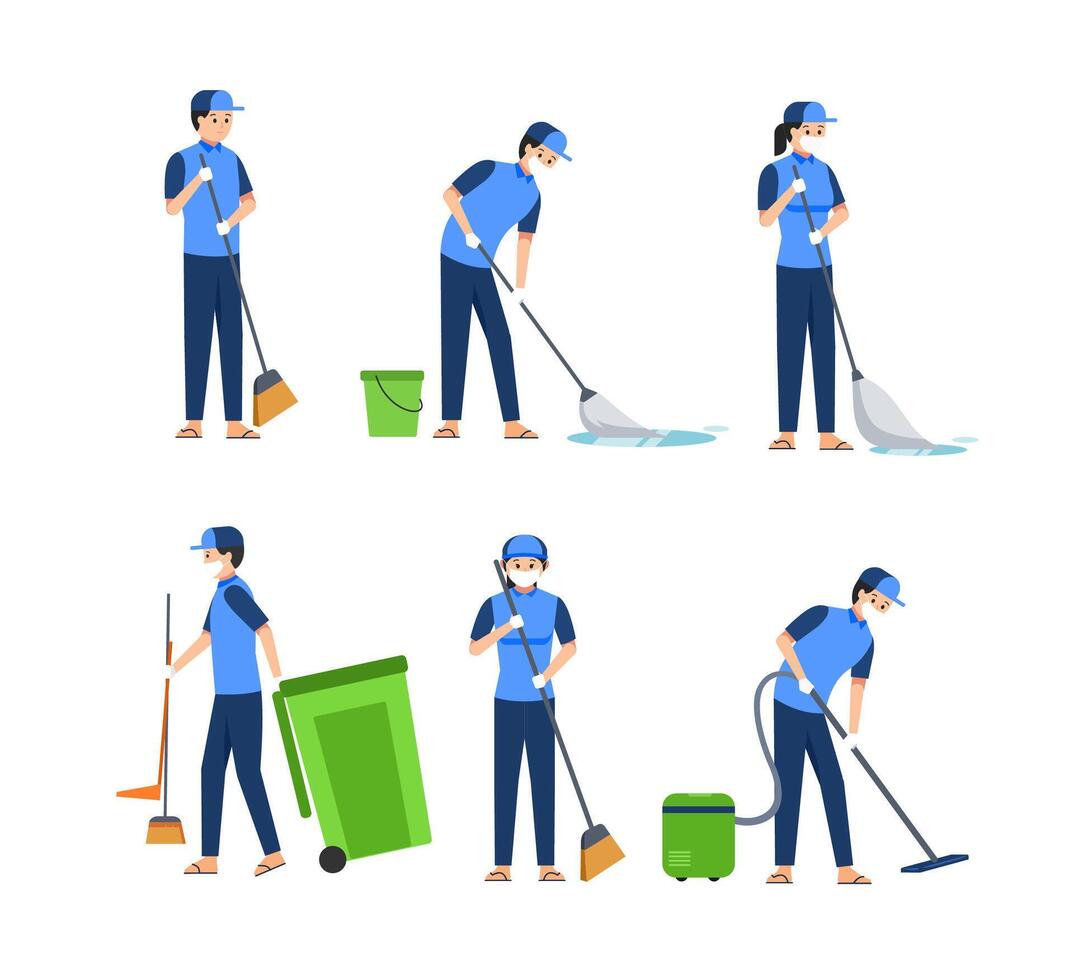 Set of cleaning service employees and equipment and tools for cleaning premises. Cleaning order through a mobile application. illustration in flat style vector