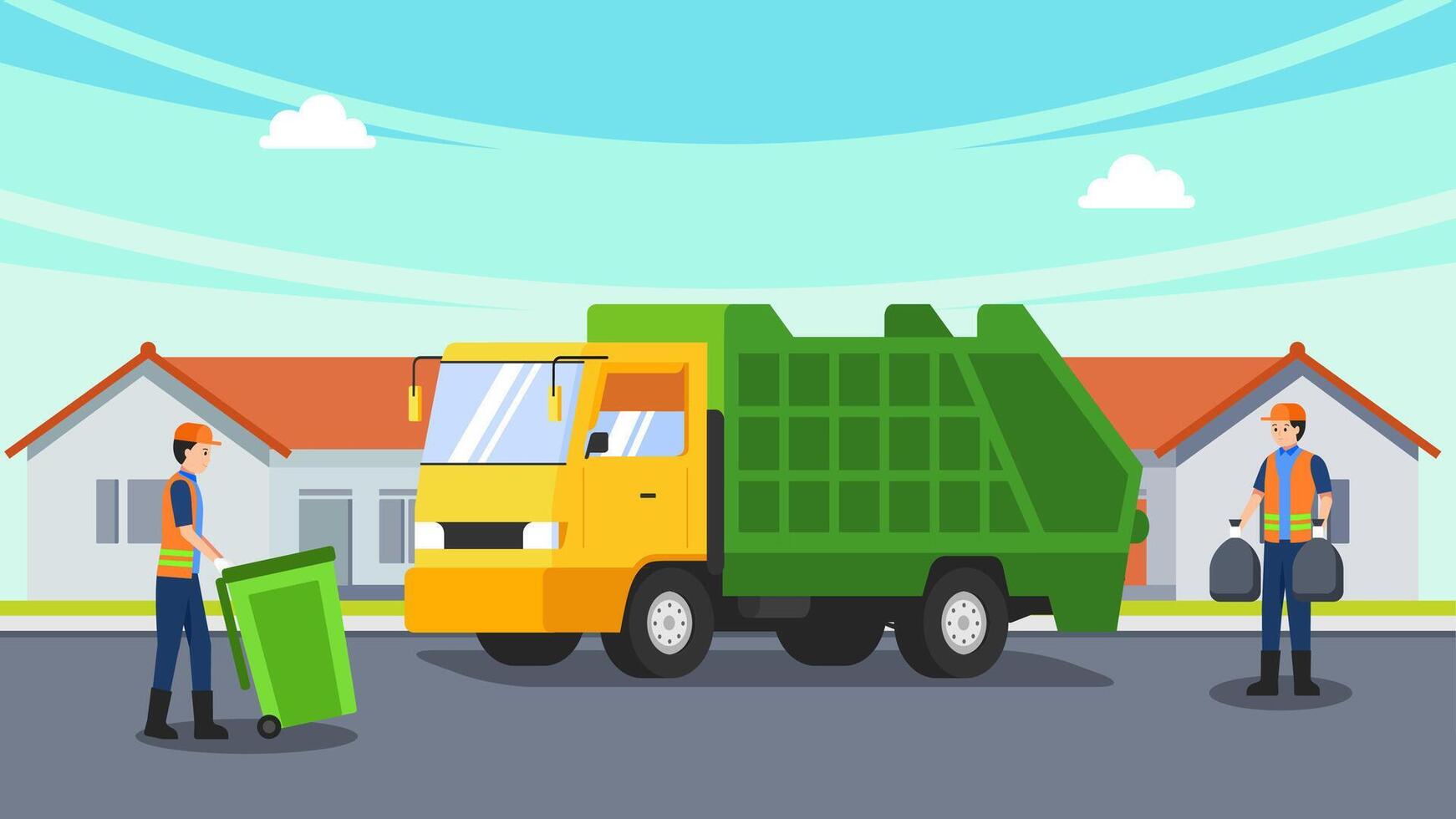 Cartoon street cleaners working at road. City landscape with janitors or sweepers gathering trash into bags and garbage bin flat illustration. Cleaning service concept vector