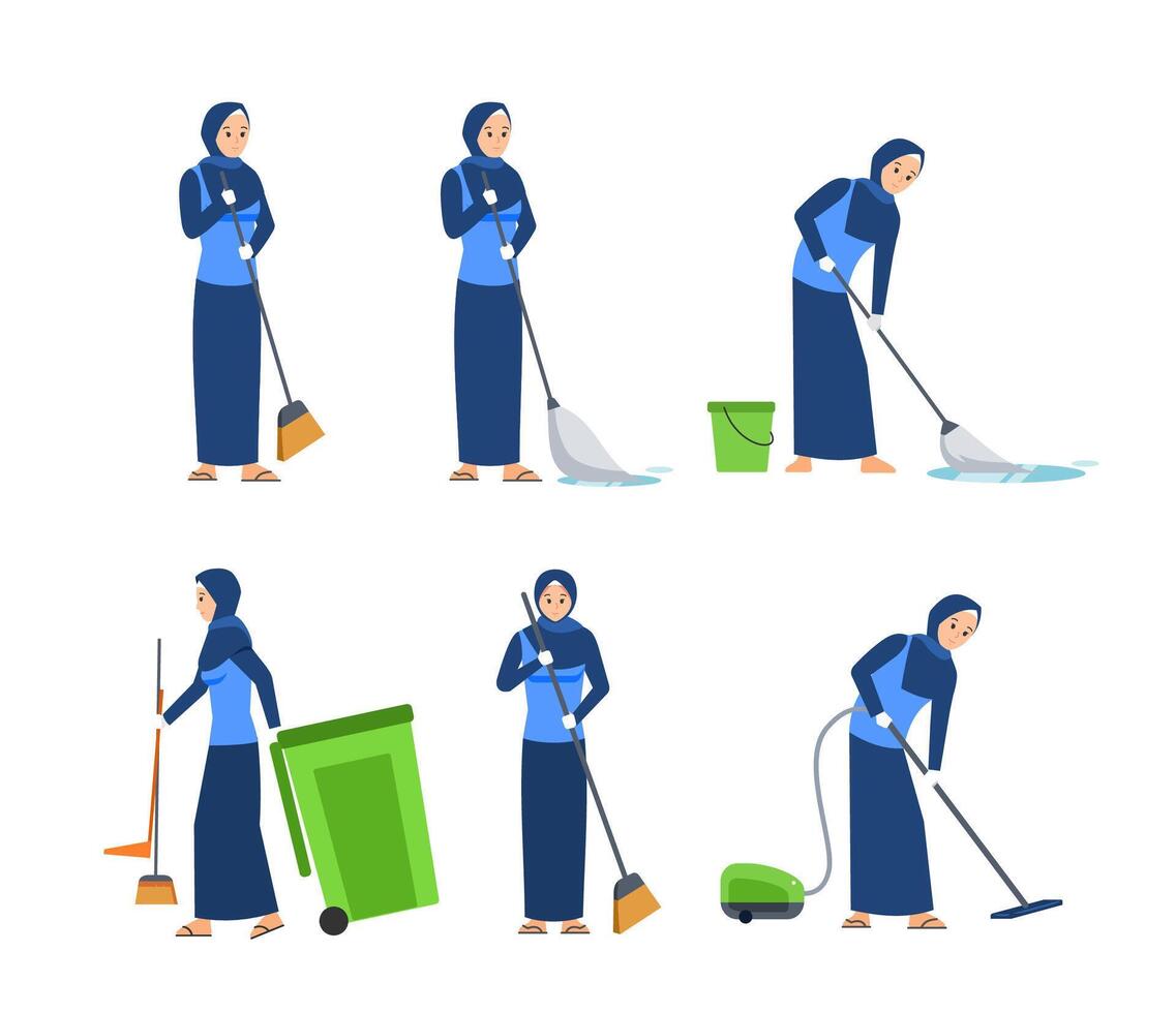 muslim hijab woman cleaning service employees and equipment and tools for cleaning premises. Cleaning order through a mobile application. illustration in flat style vector