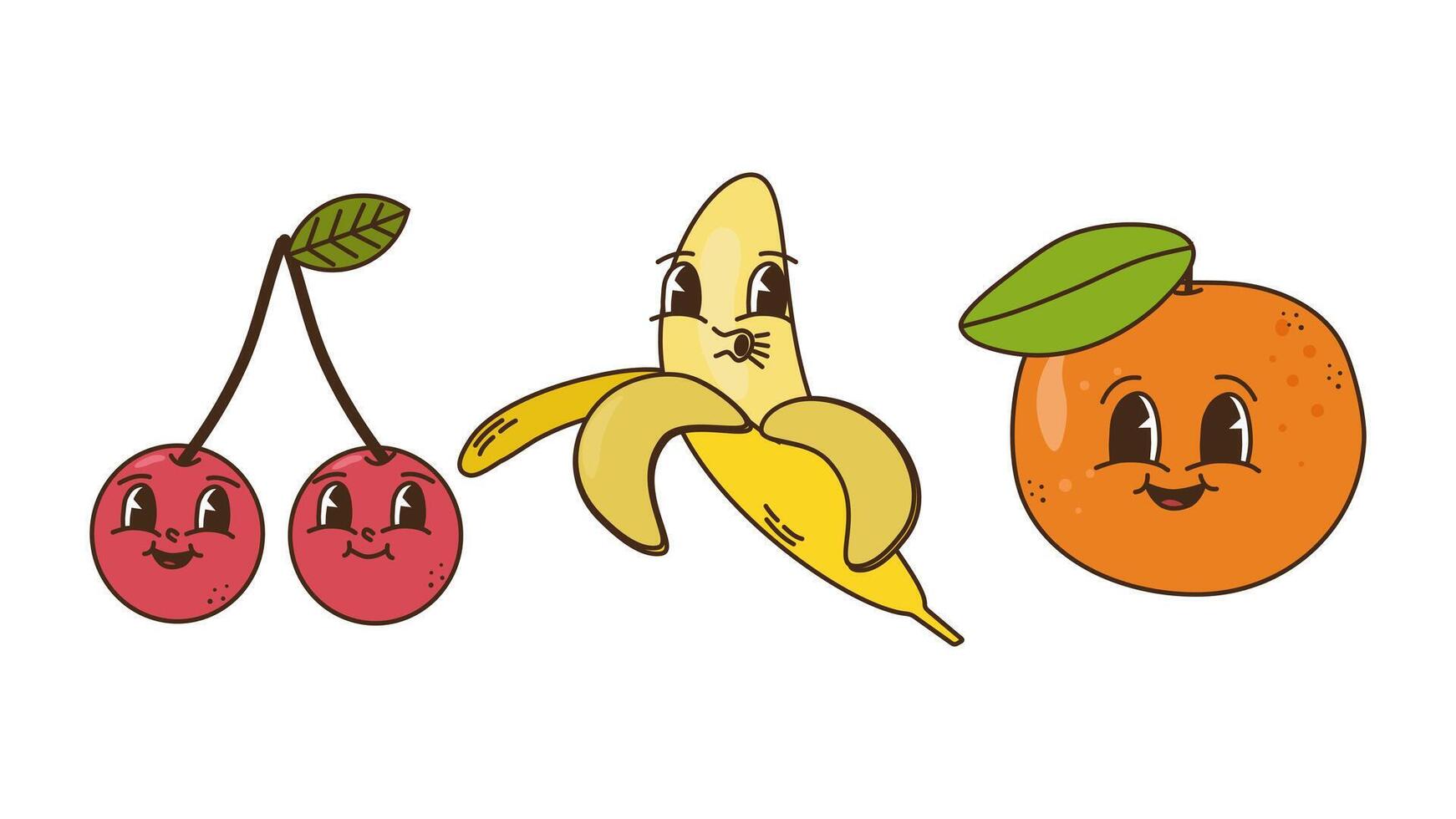 Fruits and berries in groovy style set. Characters trendy retro, comic mascot. Cherry banana and tangerine. Design banner poster. Y2k Hippie 70s, 80s. illustration. vector