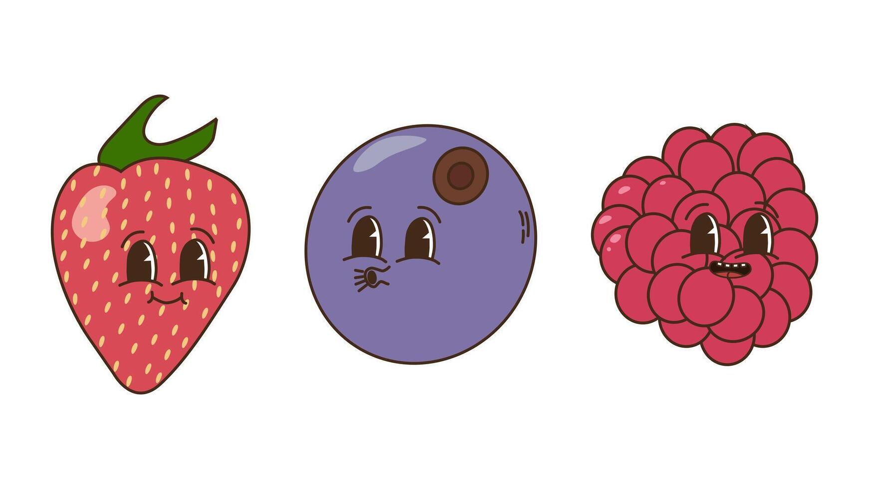 Fruits and berries in groovy style set. Strawberries blueberries raspberries. Characters trendy retro, comic mascot. Design banner poster. Y2k Hippie 70s, 80s. illustration. vector