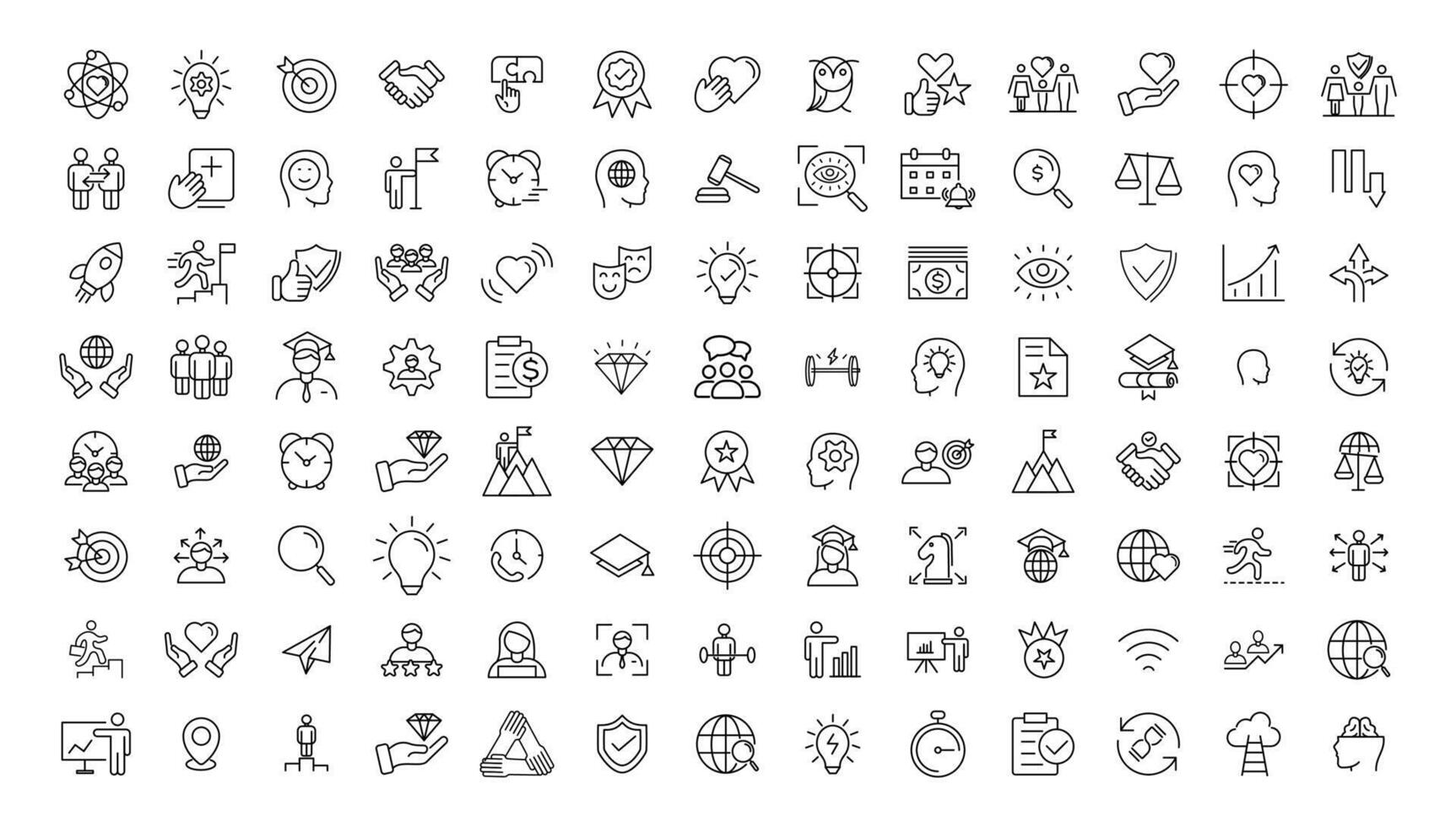 Set of icons core values. images with editable stroke. Includes such qualities as performance, passion, diversity, exceptional, innovative, accountability, will to win, empathy, open-minded. vector