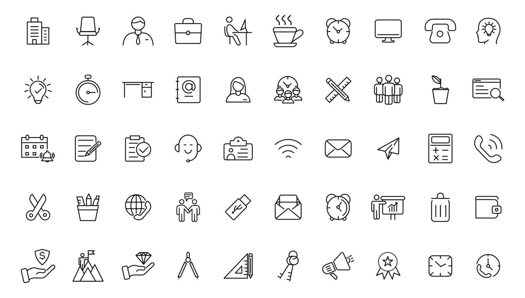 Office icon set. Containing briefcase, desk, computer, meeting, employee, schedule and co-worker symbol. Solid workspace icons collection. vector