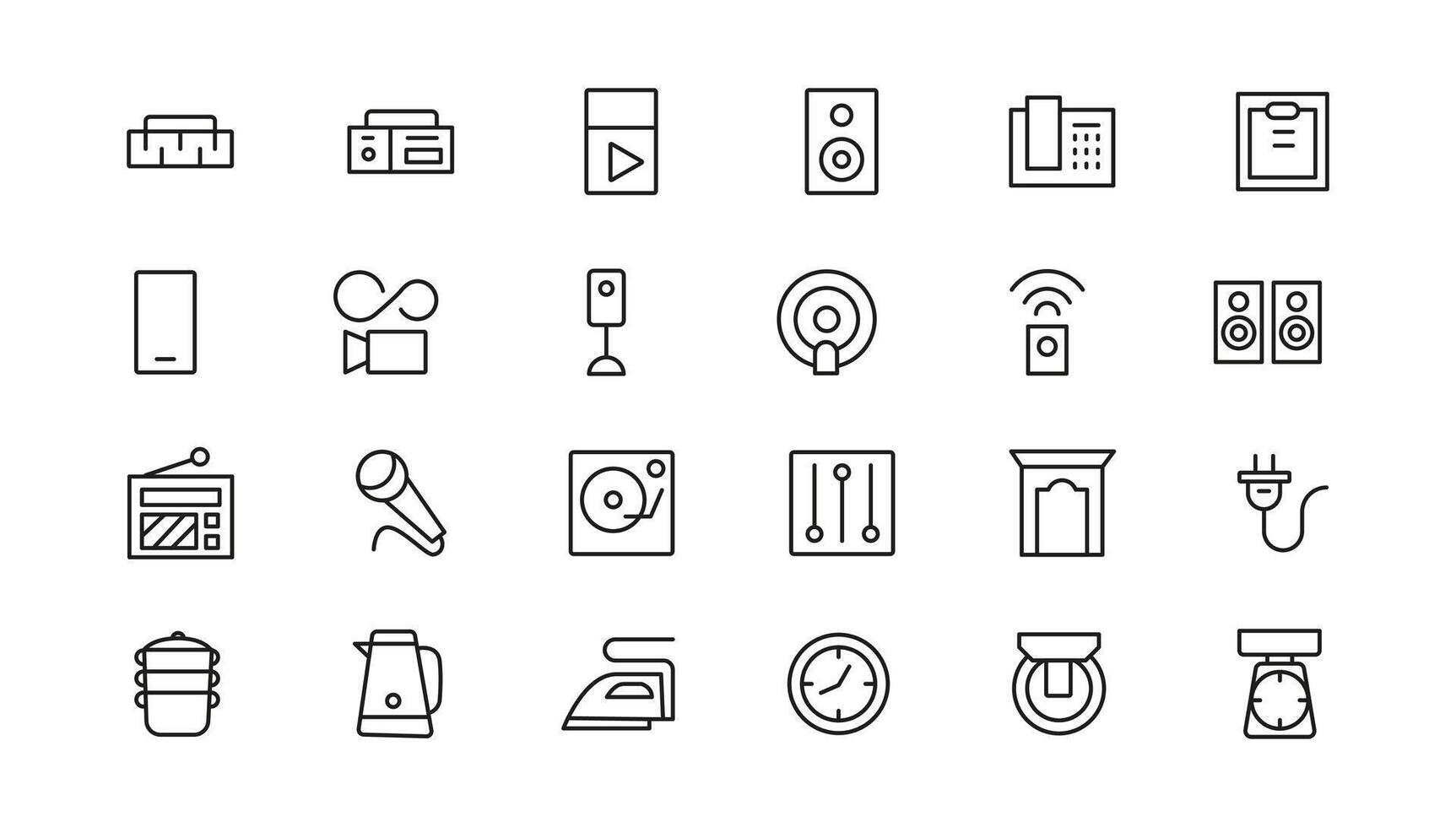 Household appliances icon set such as toaster, blender, hairdryer, electric range, and photo camera. Editable line icon collection vector