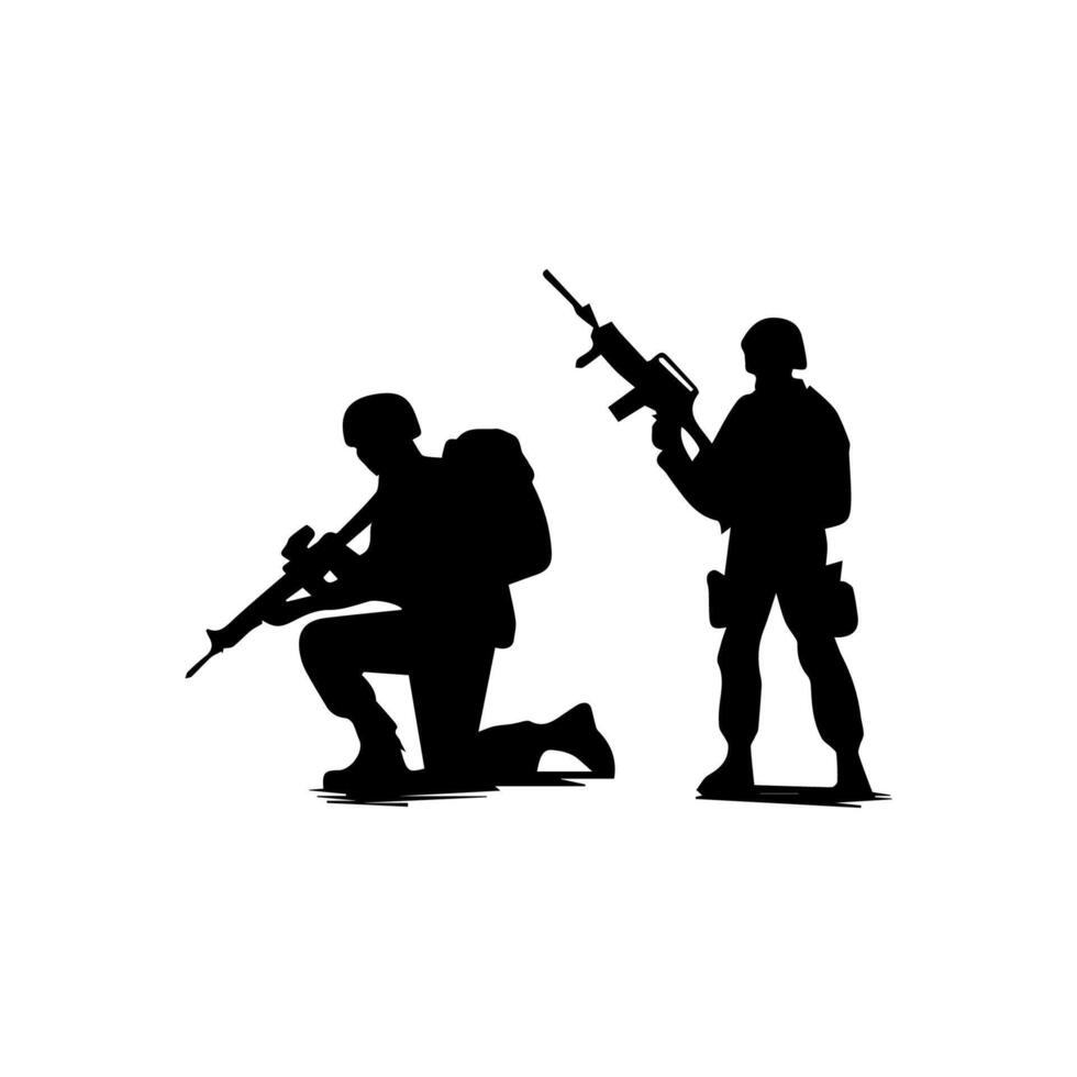 Army special unit silhouette, Male soldiers wearing uniforms and with assault rifles silhouette vector