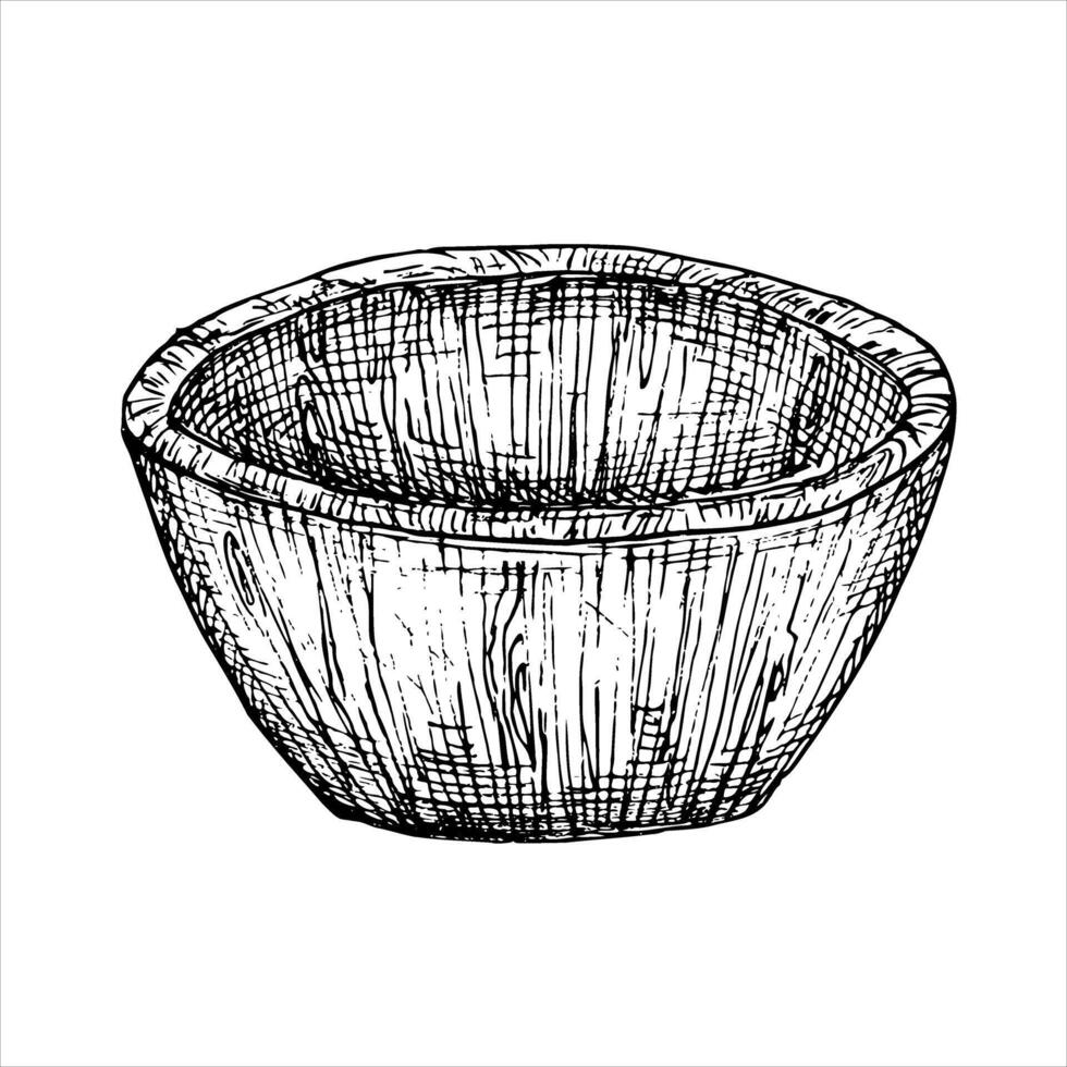 Wooden plate or bowl graphic illustration set. Drawing sketch stylized. Isolated. Hand drawn, suitable for food packaging design vector