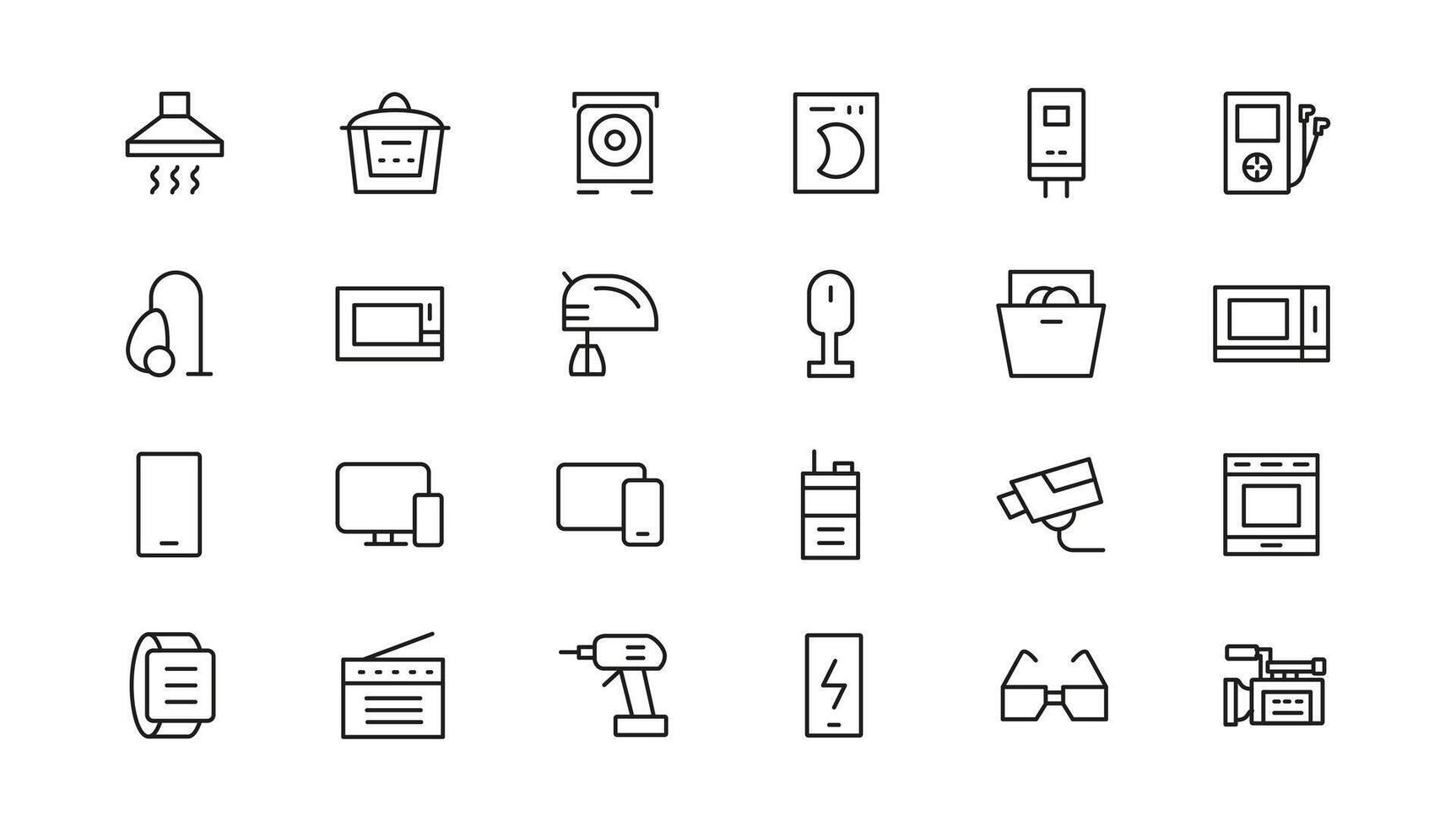 Household appliances icon set such as toaster, blender, hairdryer, electric range, and photo camera. Editable line icon collection vector
