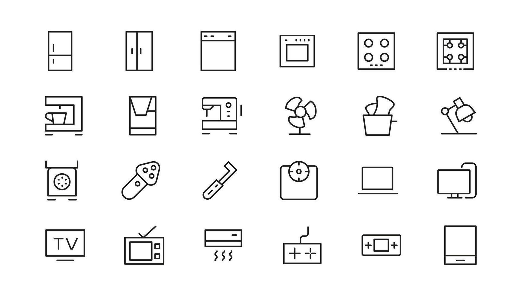 Household appliances icon set such as toaster, blender, hairdryer, electric range, and photo camera. Editable line icon collection vector