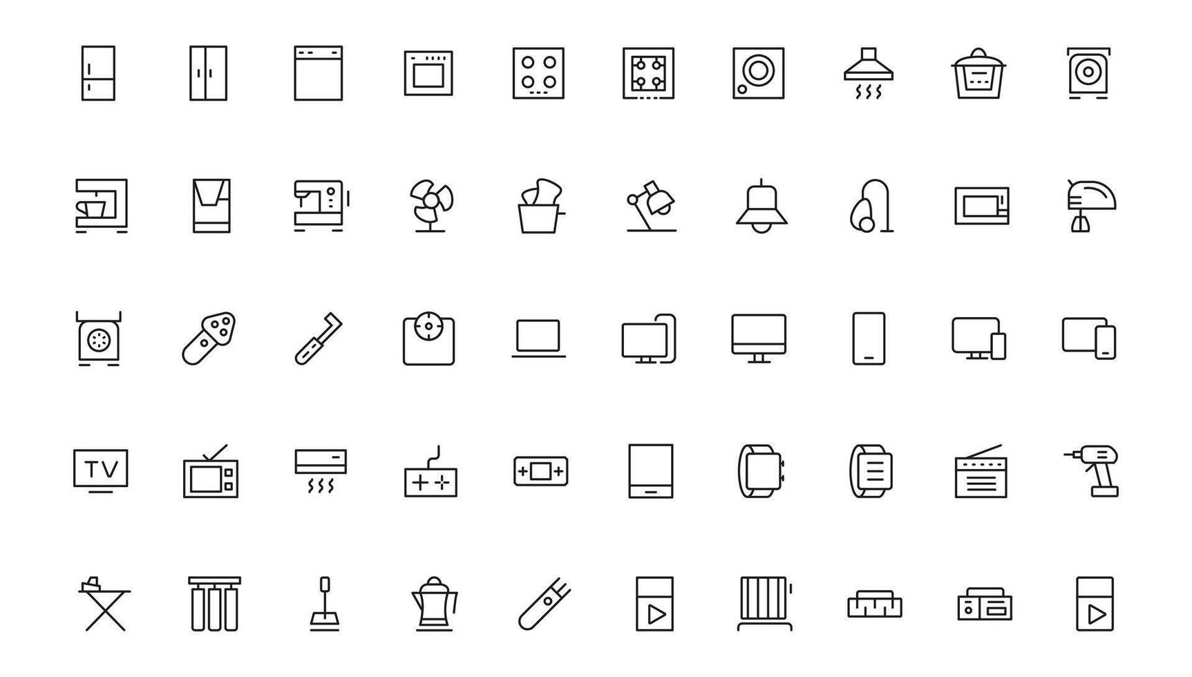 Household appliances icon set such as toaster, blender, hairdryer, electric range, and photo camera. Editable line icon collection vector