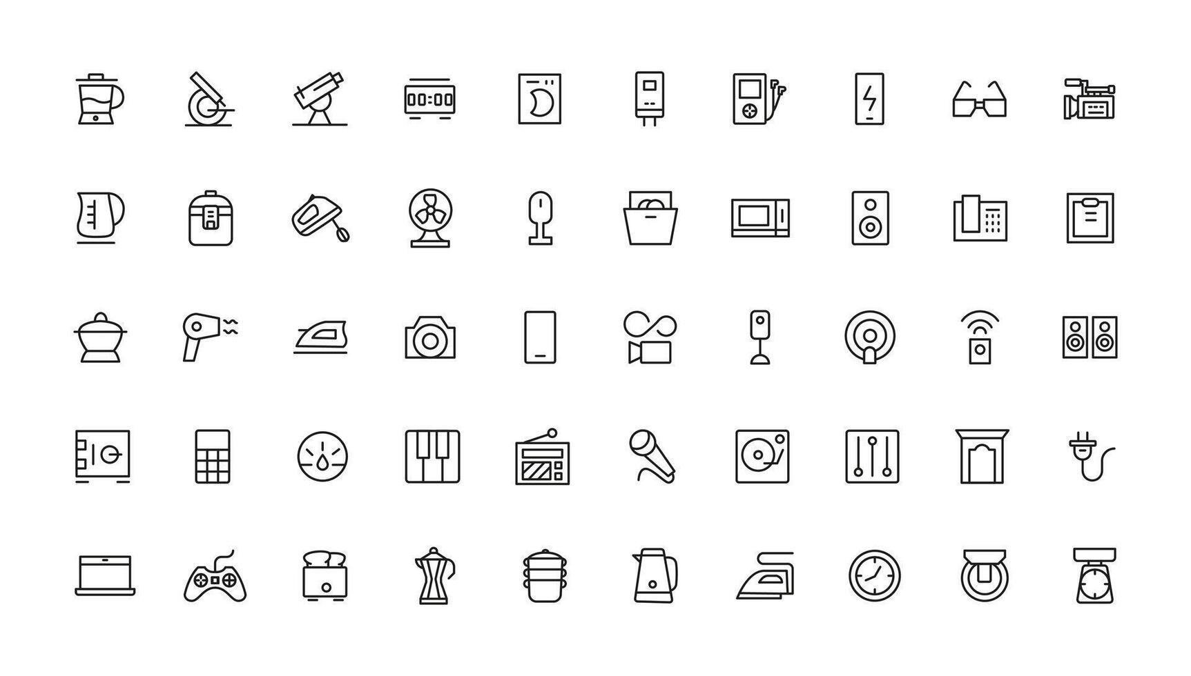 Household appliances icon set such as toaster, blender, hairdryer, electric range, and photo camera. Editable line icon collection vector