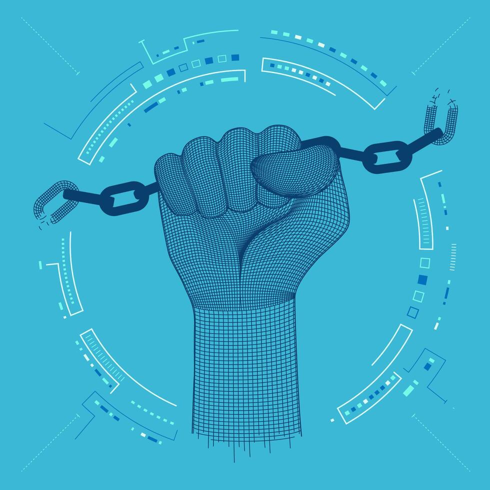 concept of technology revolution, graphic of wireframe fist with breaking chain vector