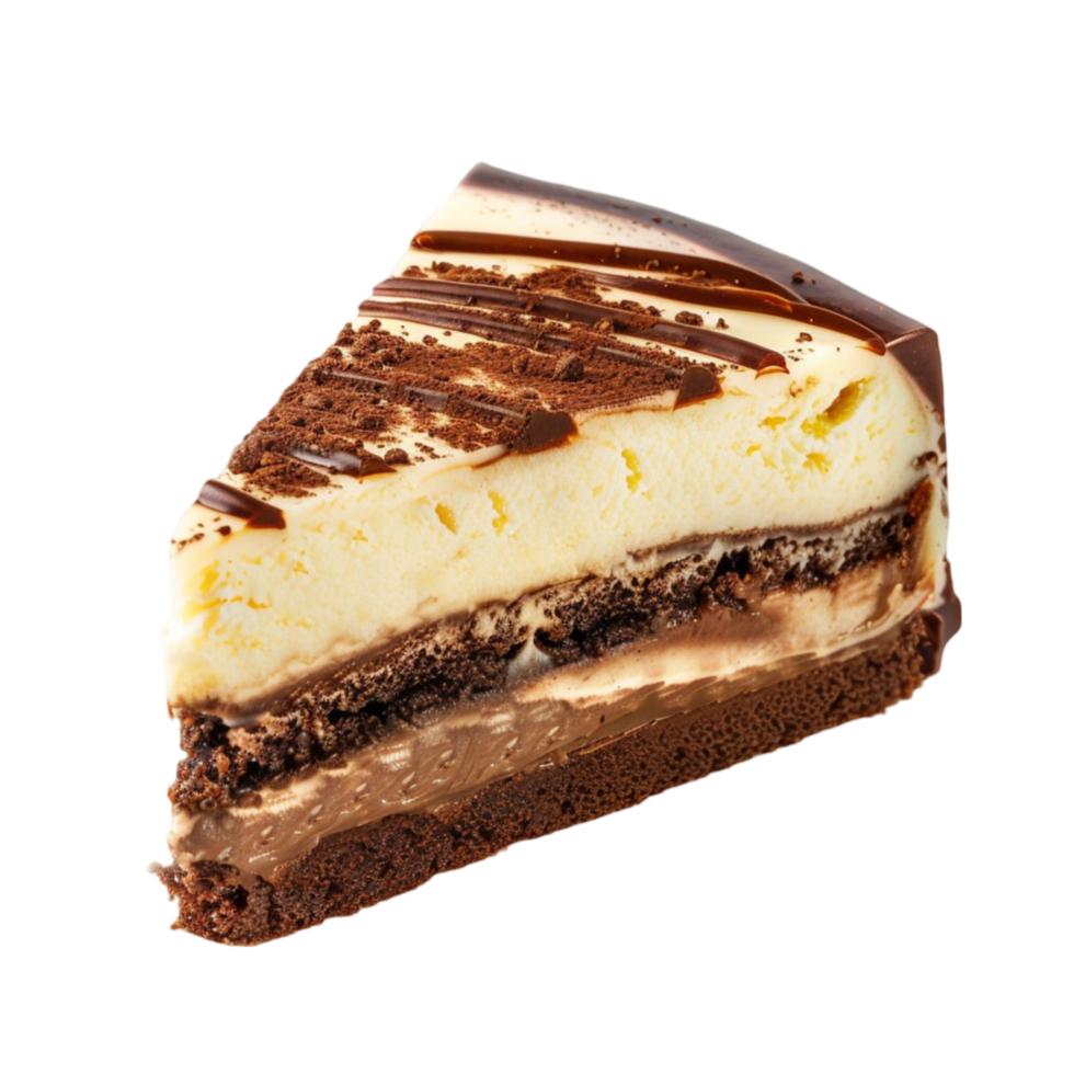 a slice of cake with chocolate and cream on it png
