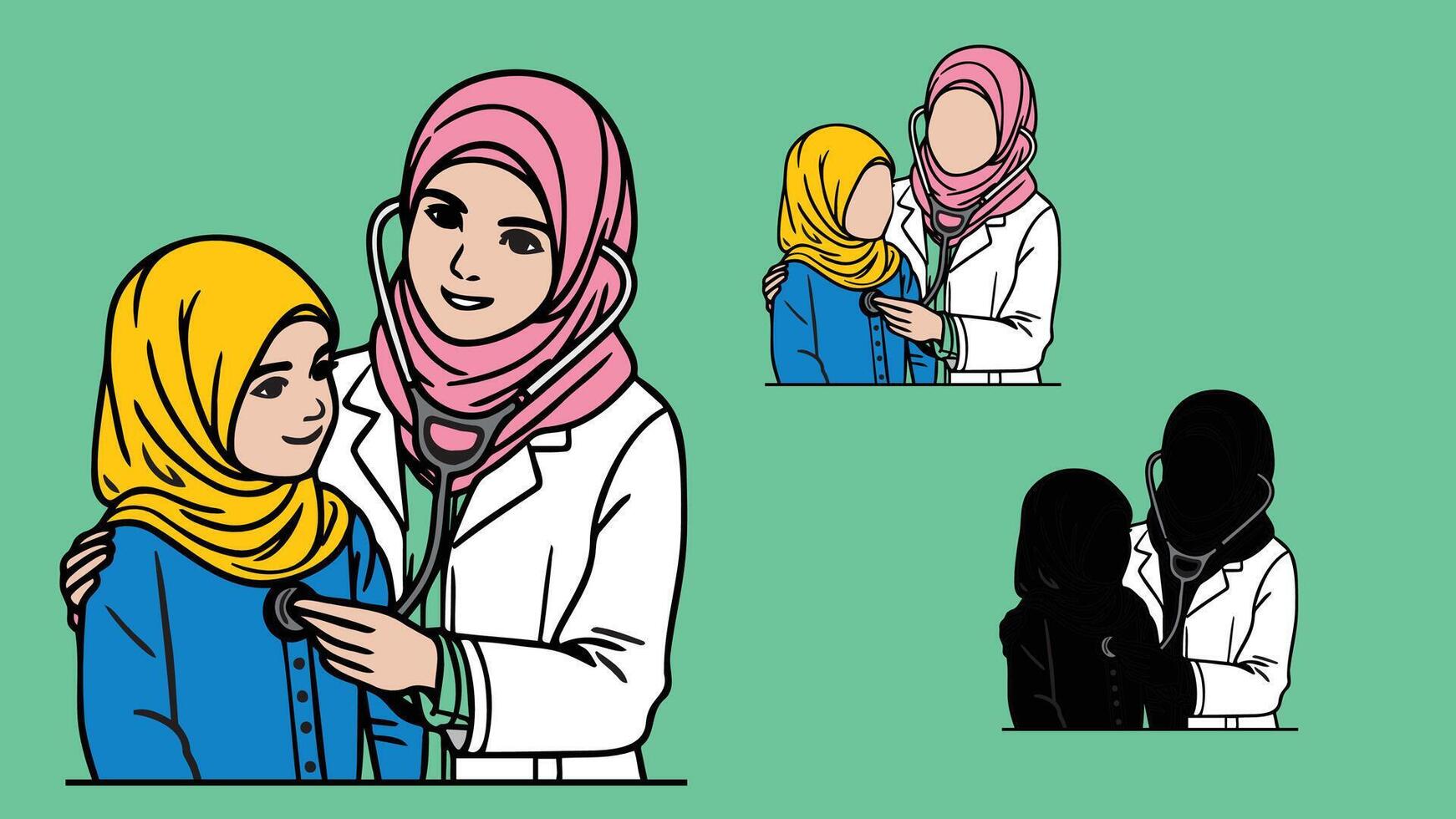 Female doctor, doctor with hijab, health professional, physician in white scrubs examine a child with a stethoscope, listen to his heartbeat Pediatrician examining patient child vector