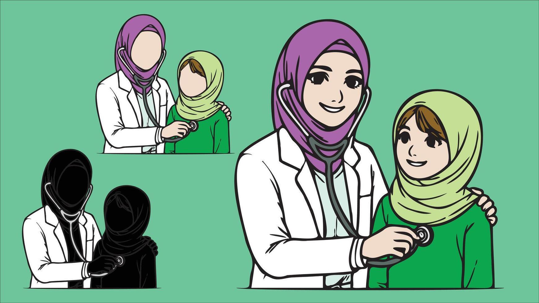 Female doctor, doctor with hijab, health professional, physician in white scrubs examine a child with a stethoscope, listen to his heartbeat Pediatrician examining patient child vector
