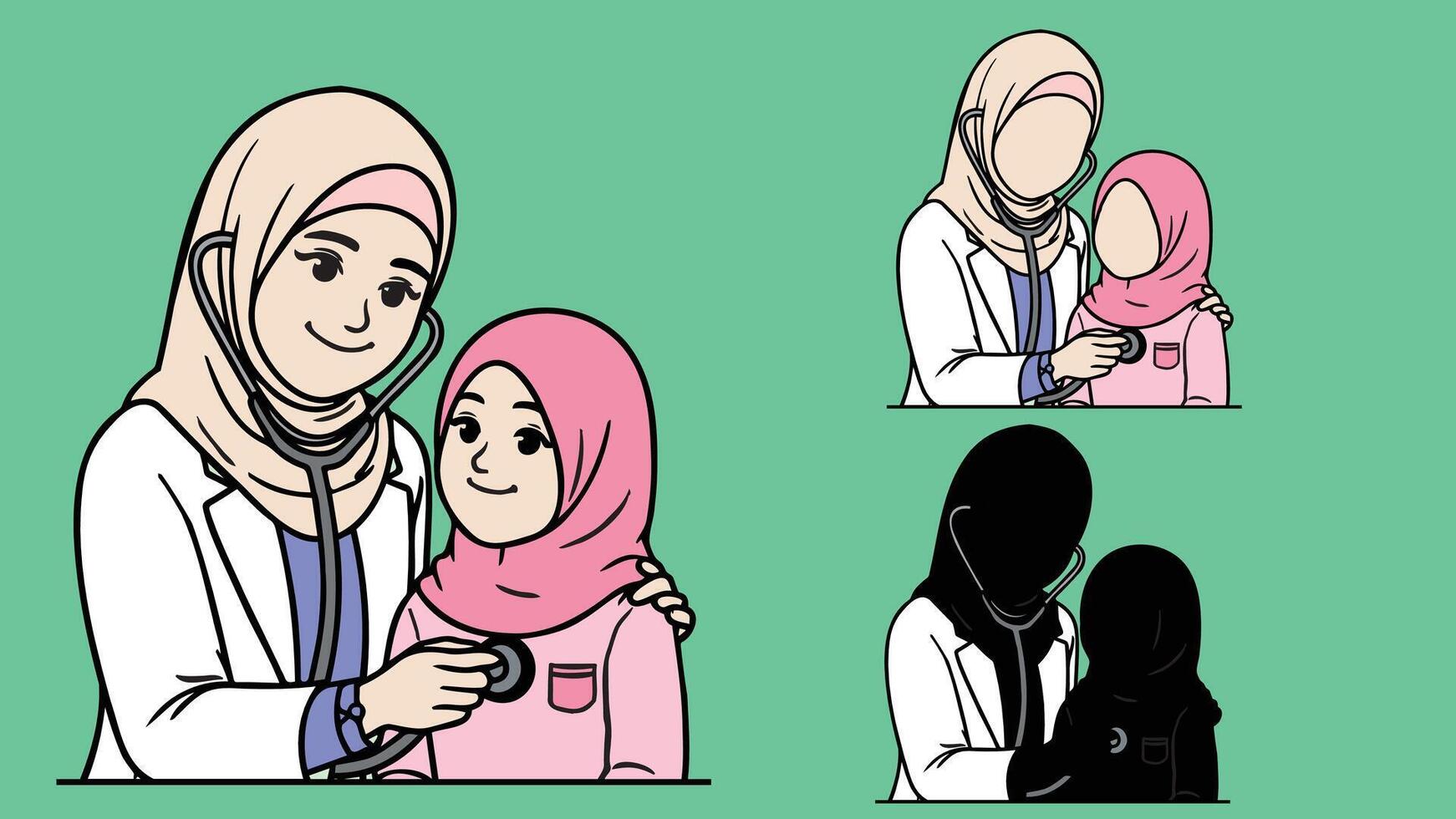 Female doctor, doctor with hijab, health professional, physician in white scrubs examine a child with a stethoscope, listen to his heartbeat Pediatrician examining patient child vector