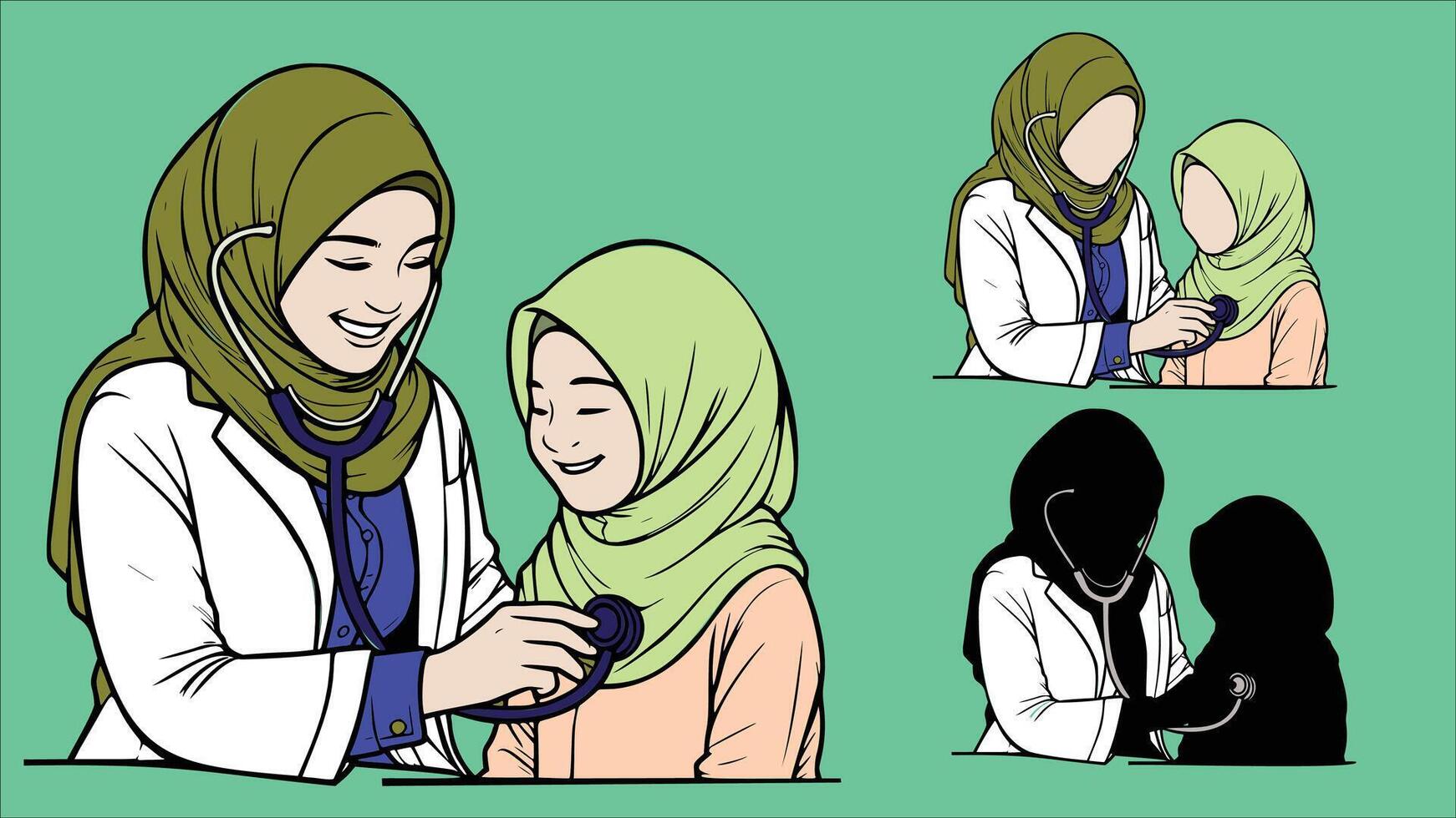 Female doctor, doctor with hijab, health professional, physician in white scrubs examine a child with a stethoscope, listen to his heartbeat Pediatrician examining patient child vector