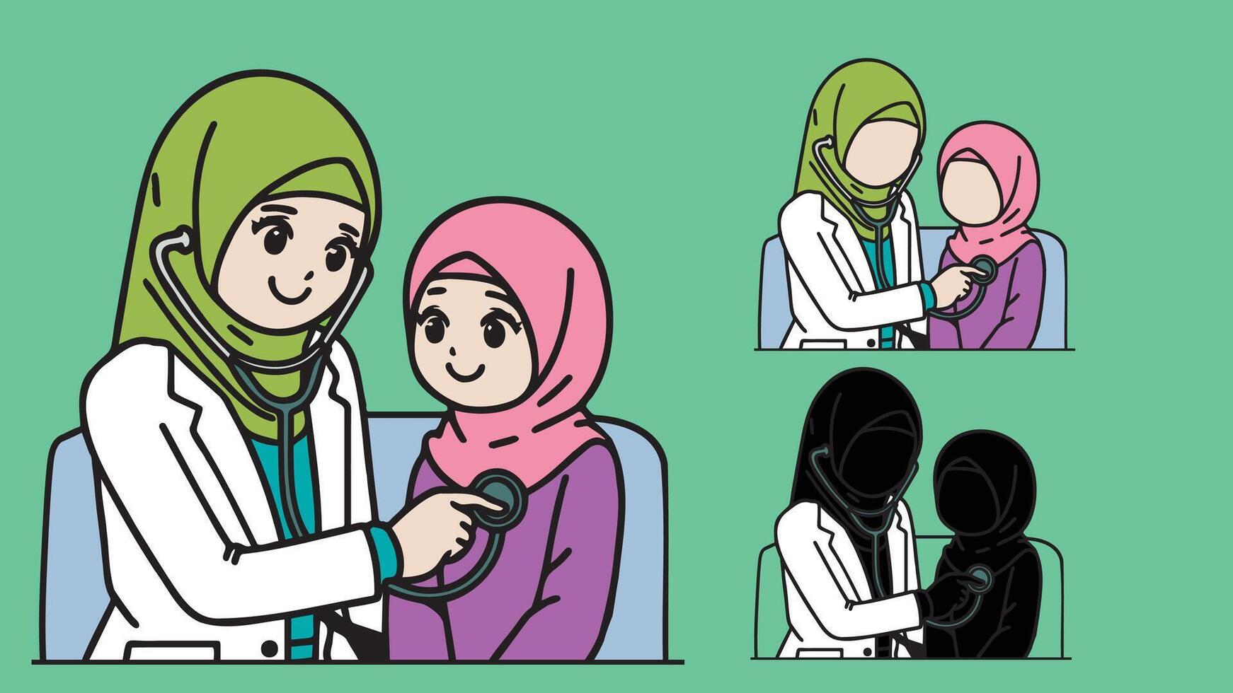 Female doctor, doctor with hijab, health professional, physician in white scrubs examine a child with a stethoscope, listen to his heartbeat Pediatrician examining patient child vector