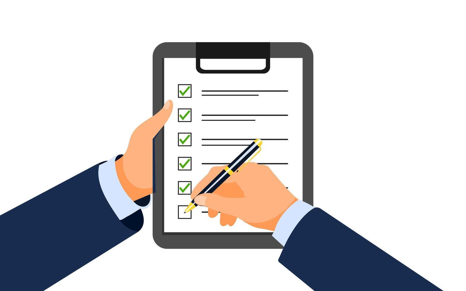 Checklist on clipboard illustration. Businessman doing check marks on checklist Clipboard and agreement. vector