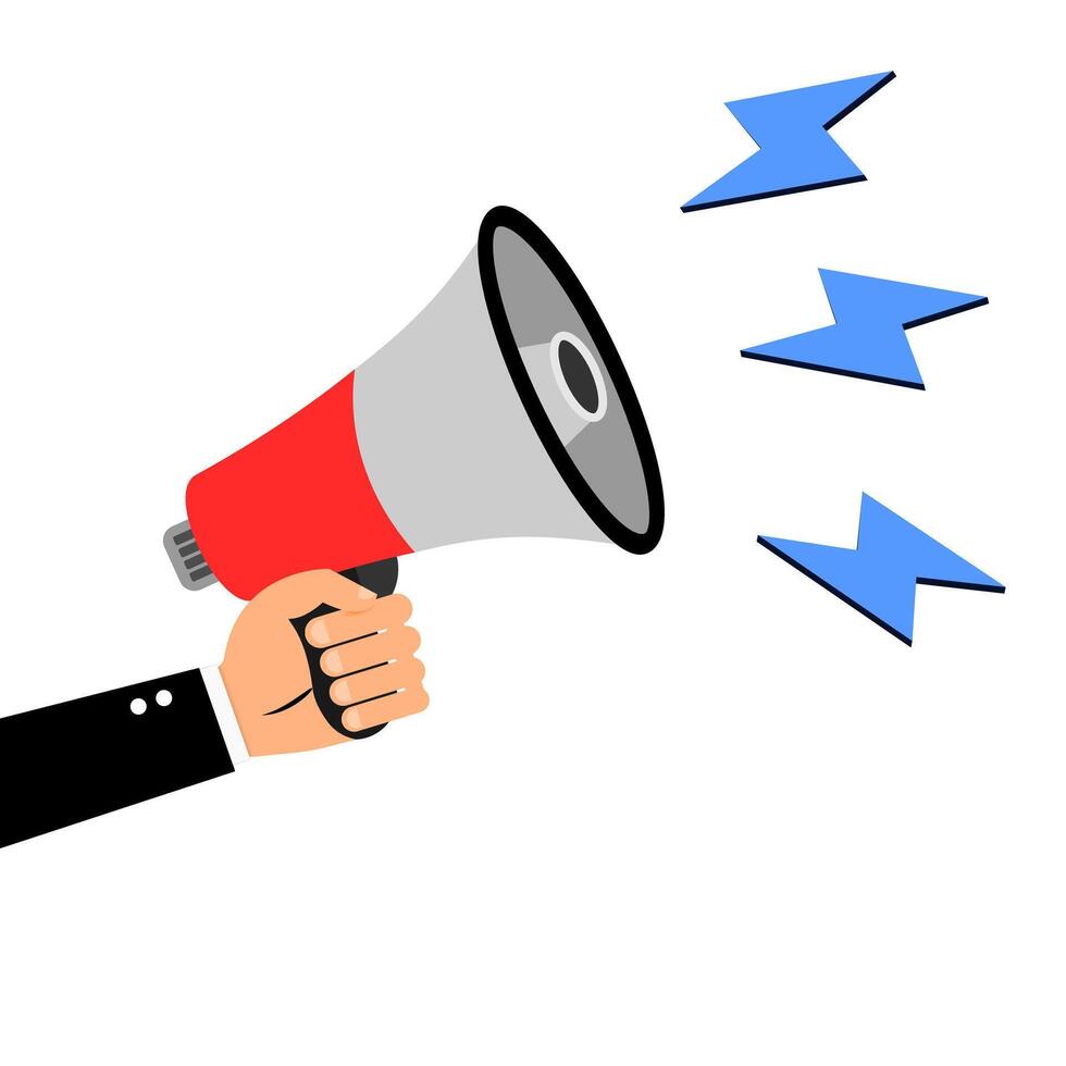 megaphone announcement message, announcement megaphone, Hand holds a megaphone on a white background. Concept of hiring, advertising, attention something. Banner. vector