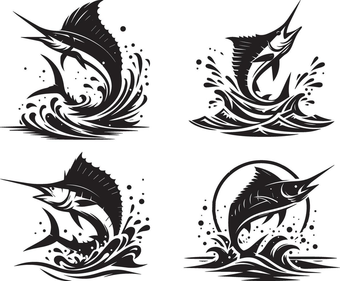 set of four different marlin fish designs vector
