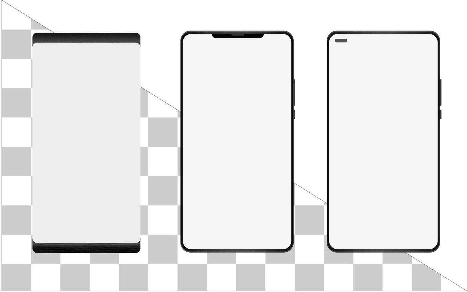 Set of realistic models smartphone with transparent screens. Smartphone mockup collection. Phone mockup in front. Mobile phone with shadow. vector