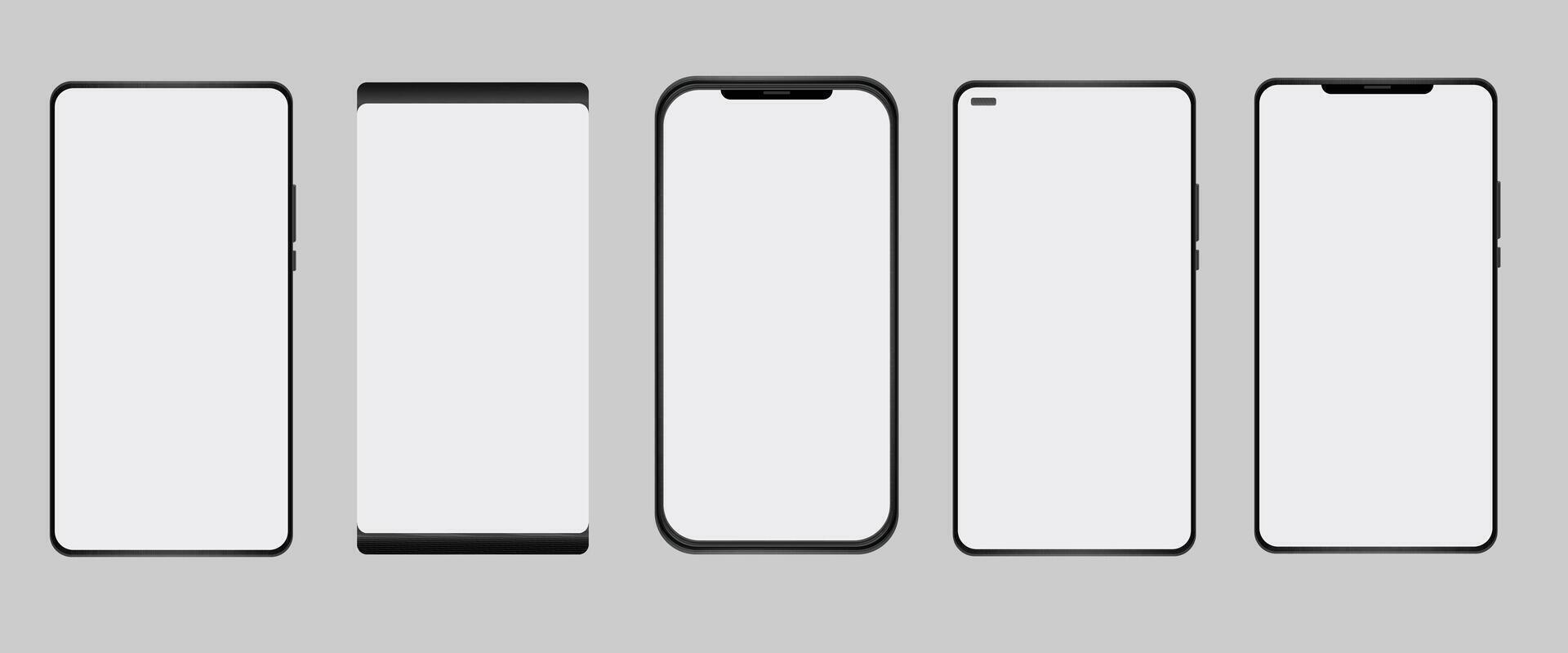Set of realistic models smartphone with transparent screens. Smartphone mockup collection. Phone mockup in front. Mobile phone with shadow. vector