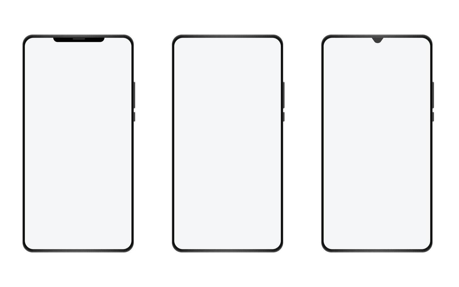 Set of realistic models smartphone with transparent screens. Smartphone mockup collection. Phone mockup in front. Mobile phone with shadow. vector